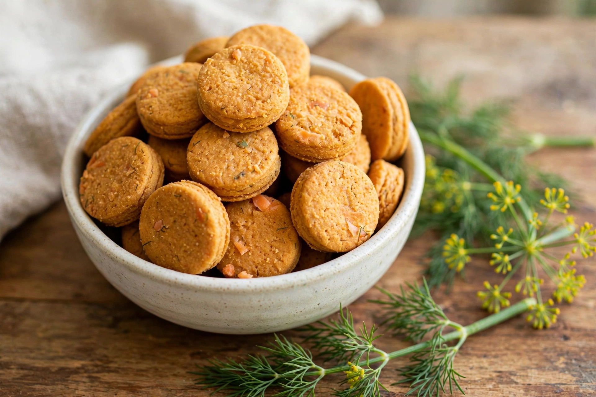 Homemade salmon dog treat discs in a bowl with fresh dill
