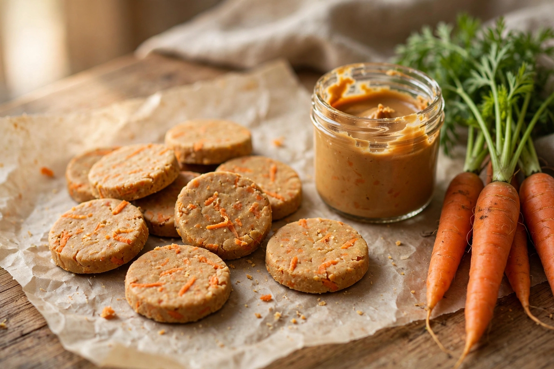 Homemade peanut butter and carrot dog treat coins on parchment paper