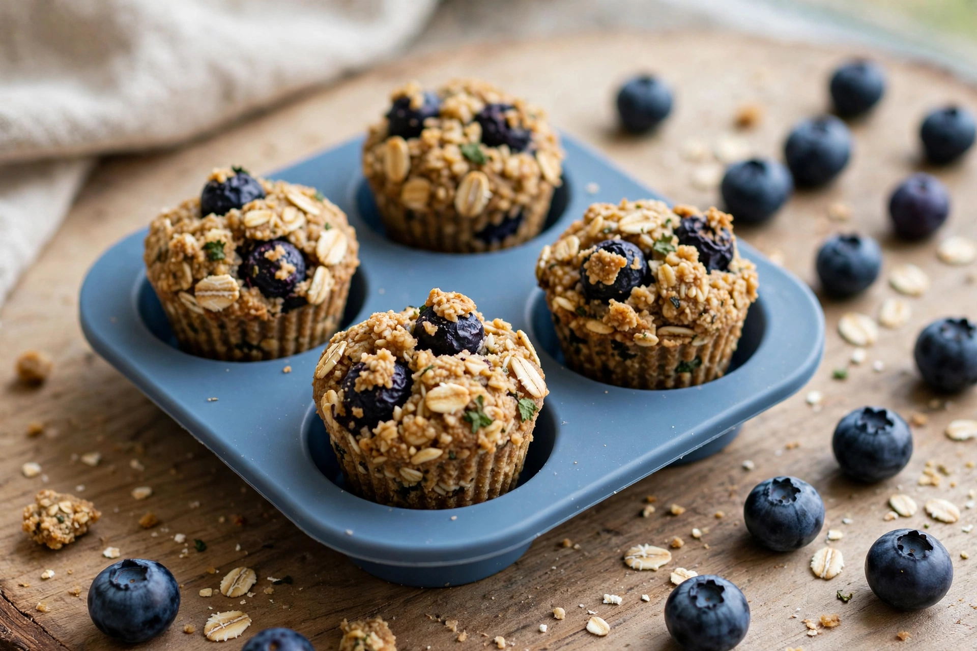 Mini blueberry oat muffin dog treats in a silicone tray