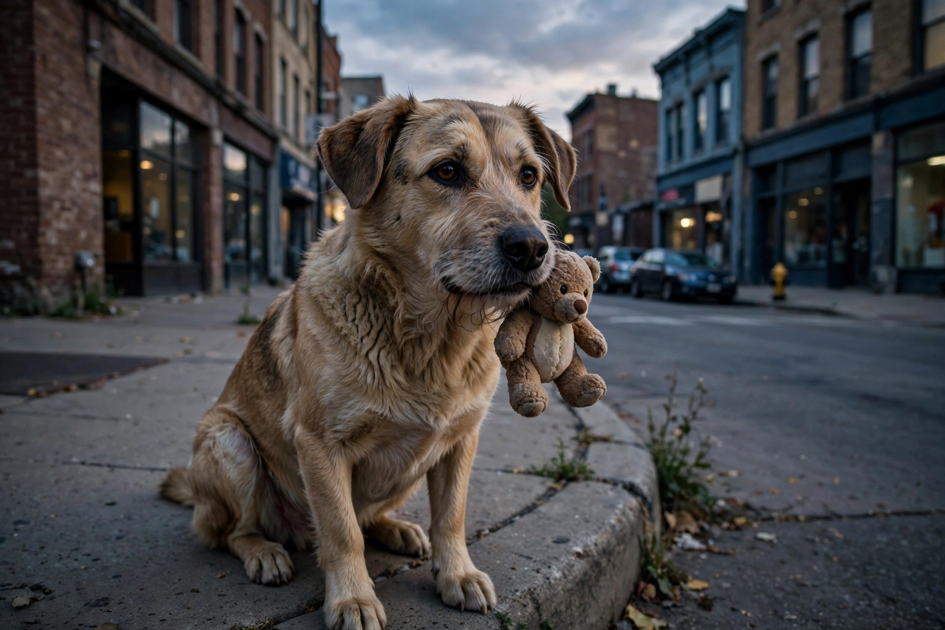 Nikki, a tan pit bull mix, wandering a Detroit street alone at dusk while clutching her plush stuffed animal