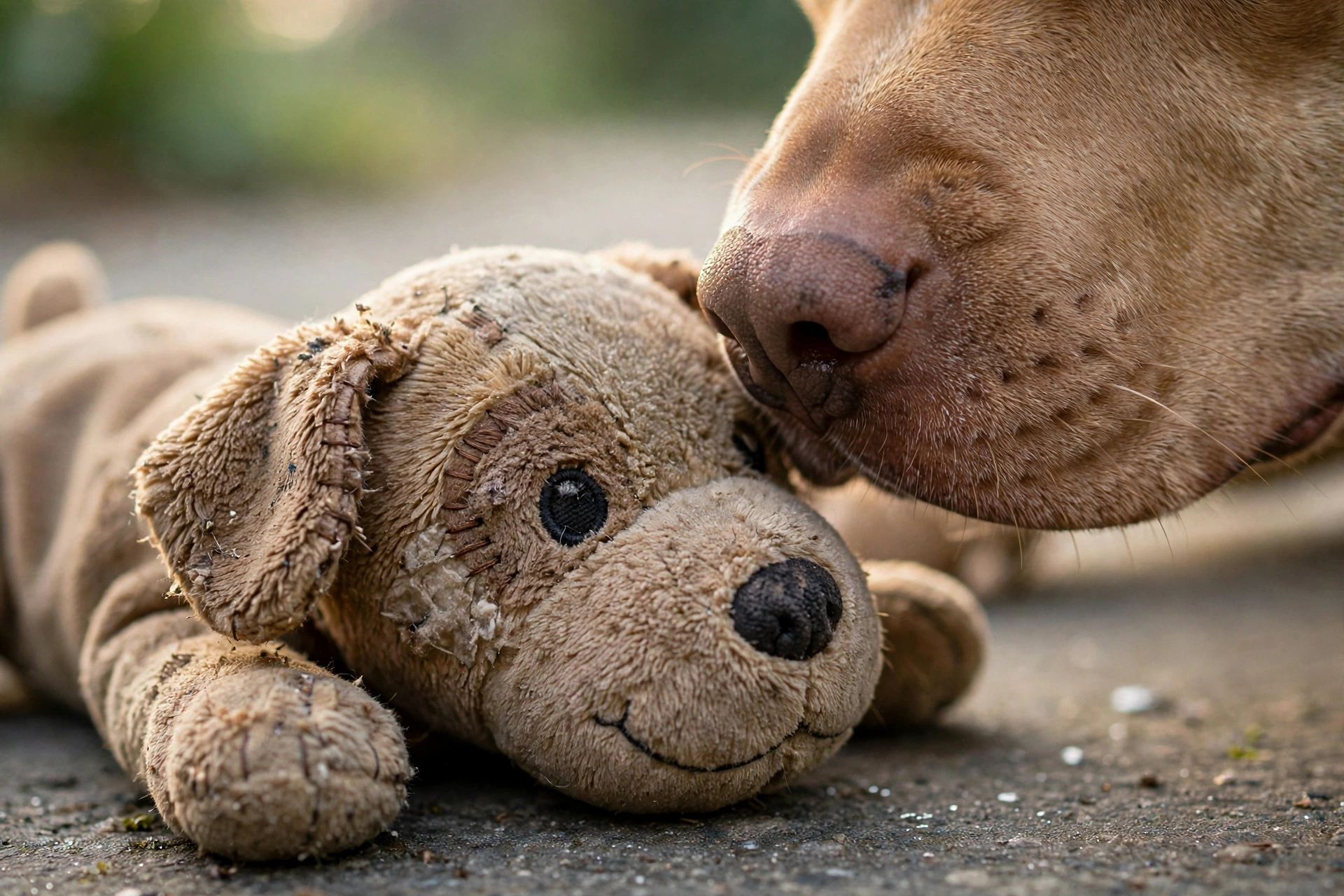 Close-up of Nikki's well-worn plush stuffed animal with her nose gently touching it