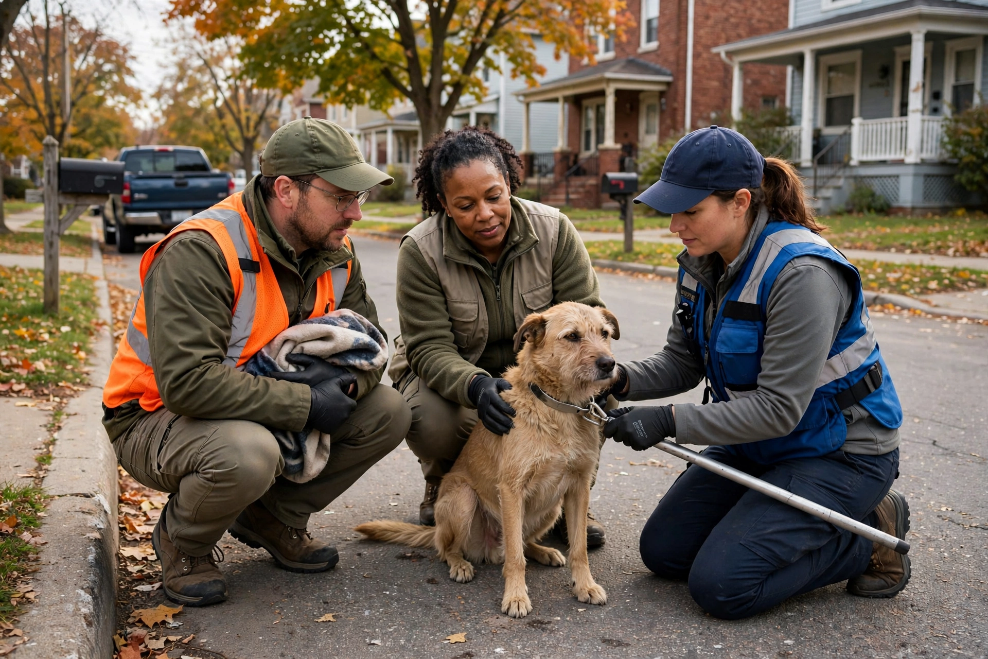 Animal rescue volunteers gently securing Nikki on a Detroit residential street
