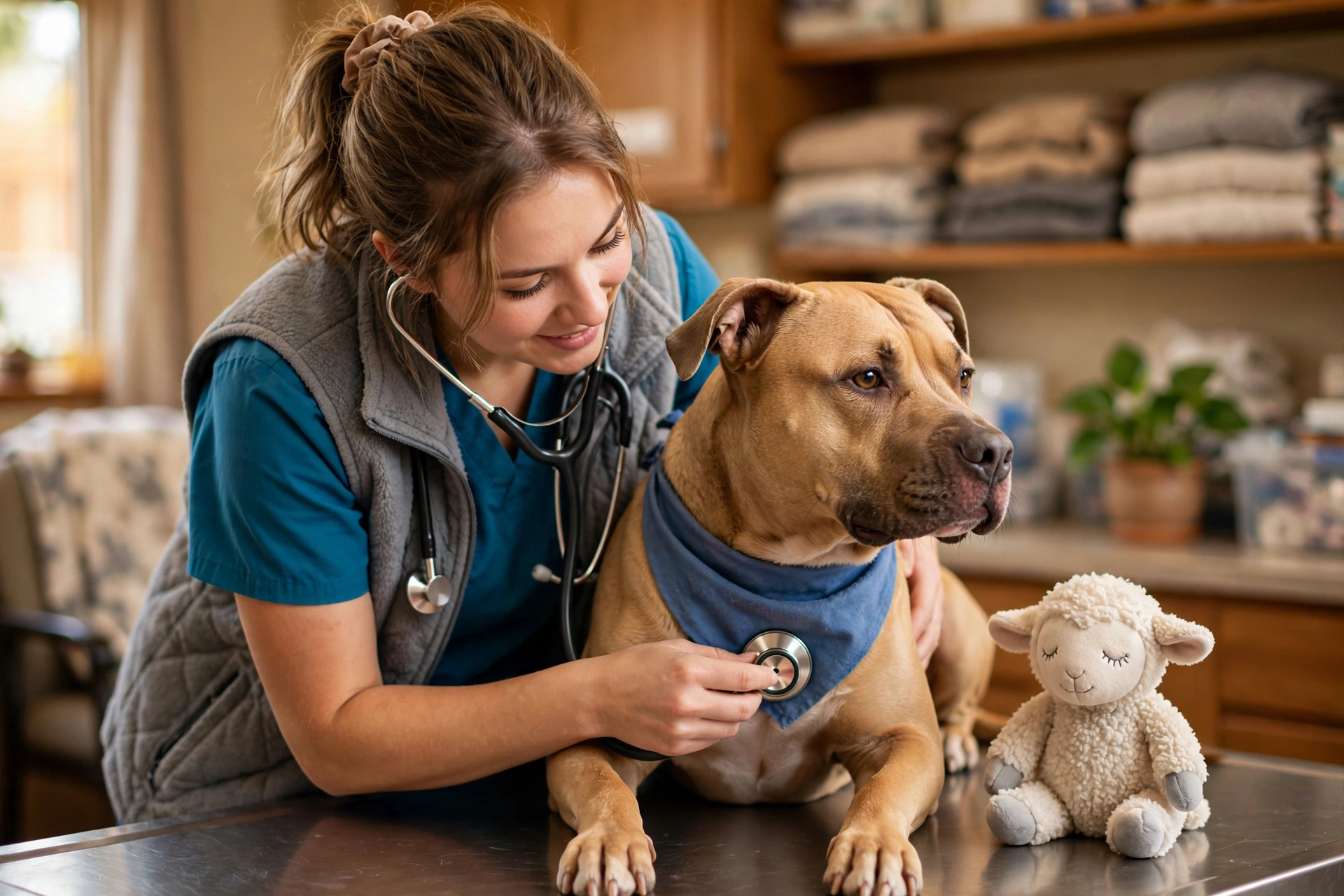 Nikki receiving a veterinary checkup at the animal rescue clinic with her stuffed toy nearby
