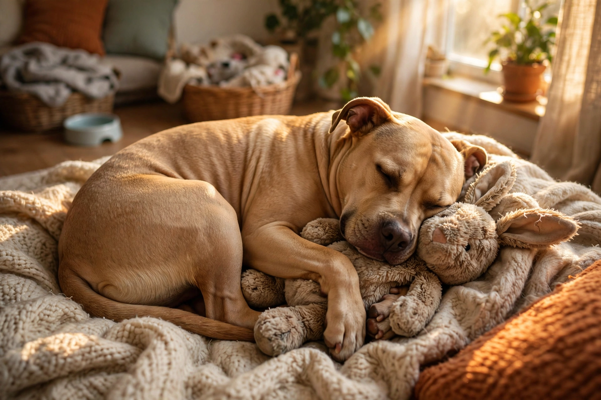 Nikki curled up happily on a cozy blanket in her foster home, cuddling her stuffed animal