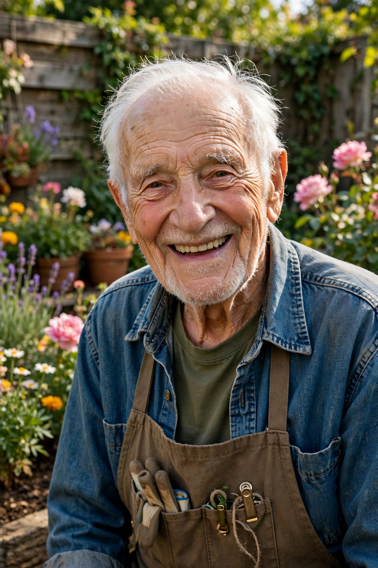 Smiling 94-year-old neighbor Mr. Bill in his sunny backyard garden