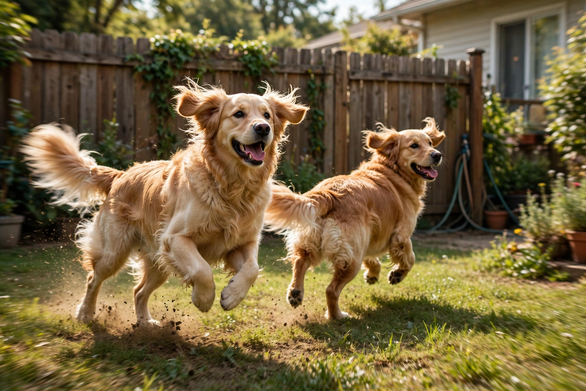 Two golden retrievers running excitedly toward the backyard fence
