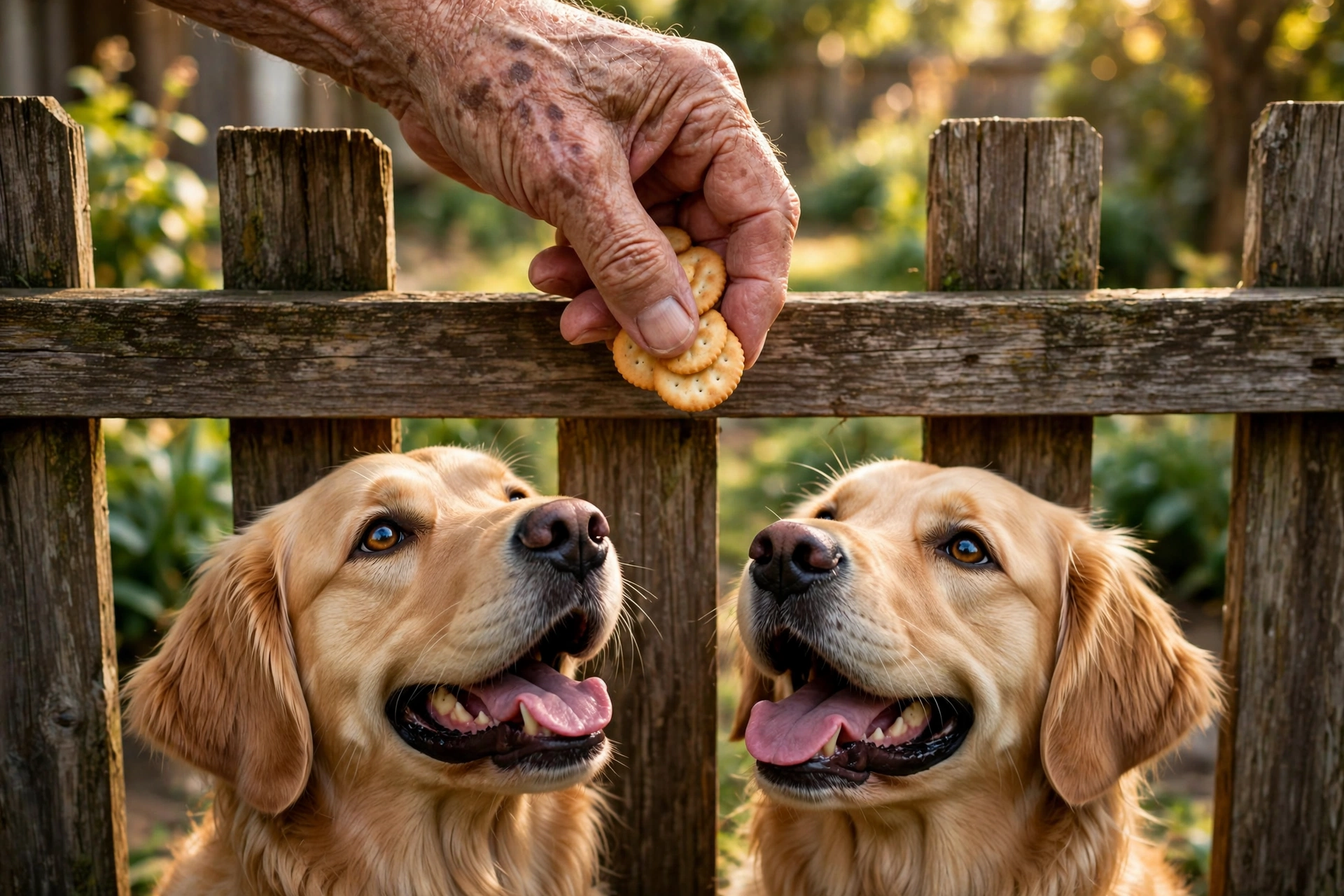 Elderly neighbor's hand offering crackers over a wooden fence to eager dogs