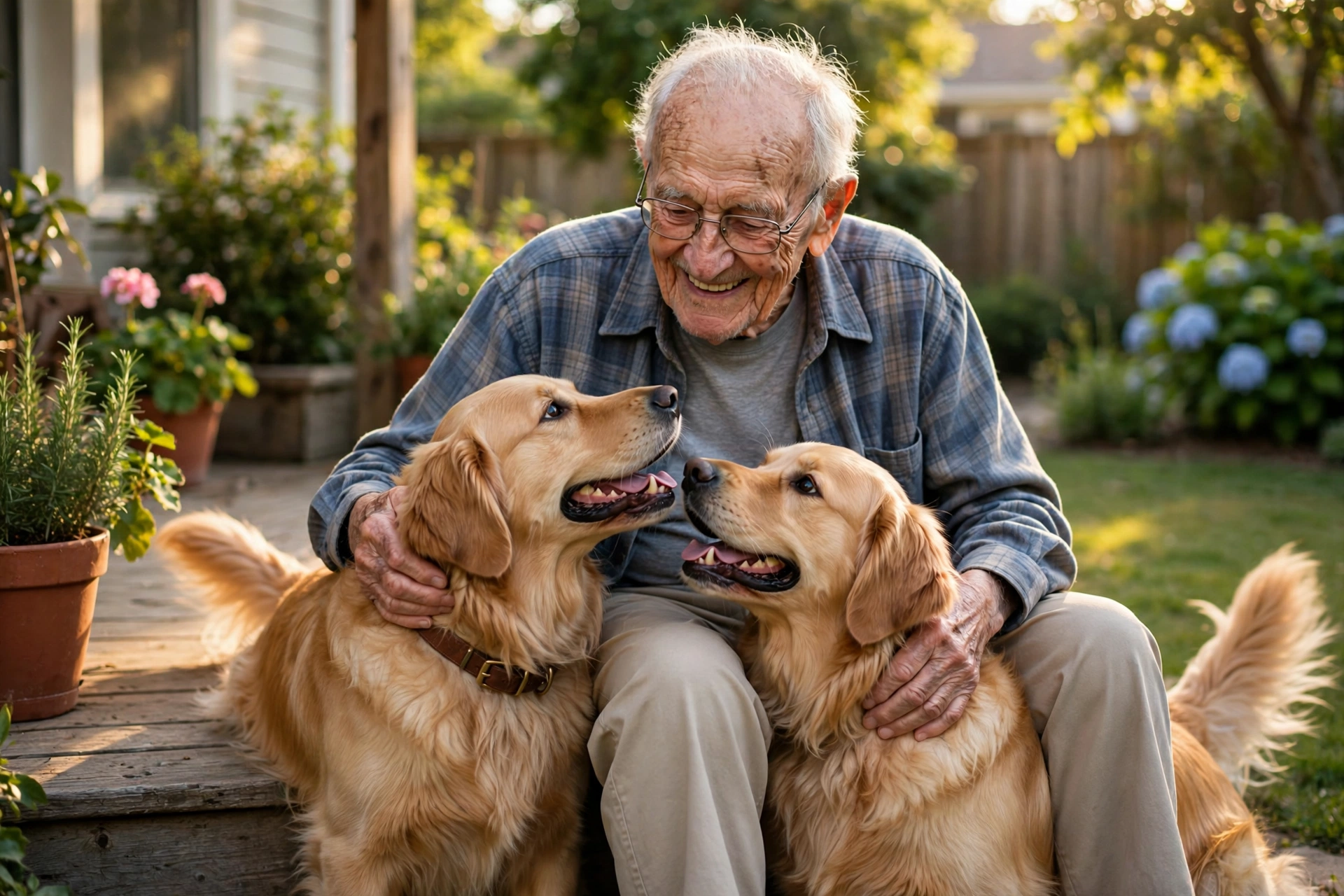 Elderly neighbor sitting on porch steps petting two happy dogs