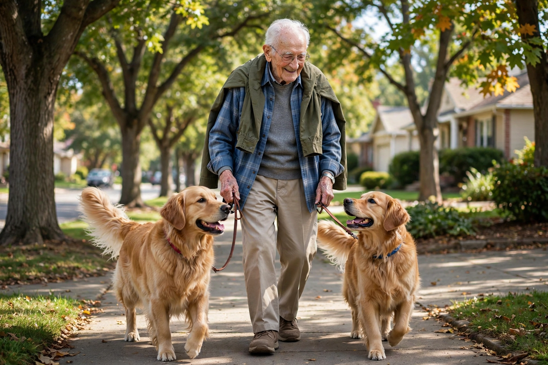Elderly man walking happily with two dogs on a suburban sidewalk