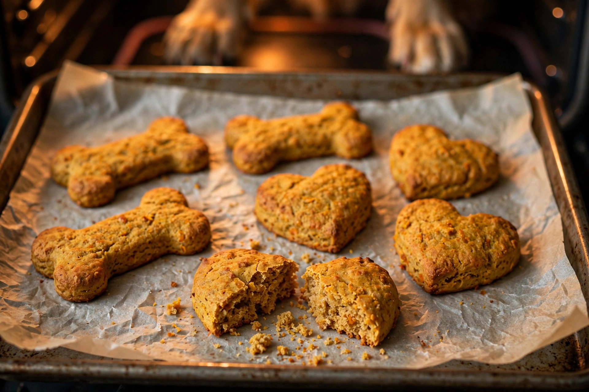 Baked pumpkin dog biscuits shaped like bones on a parchment-lined baking sheet