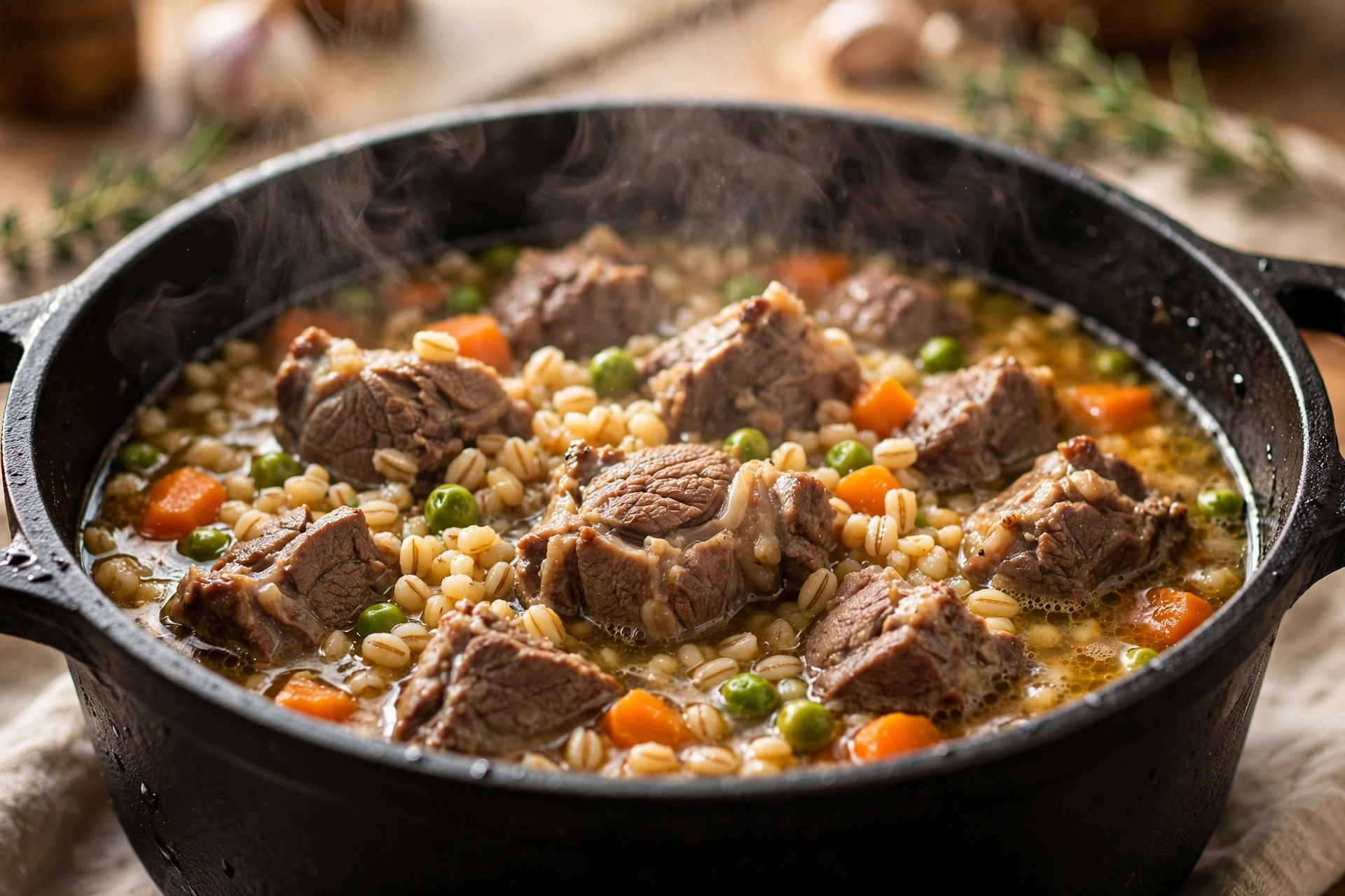 Savory lamb and barley one-pot stew simmering in a pot