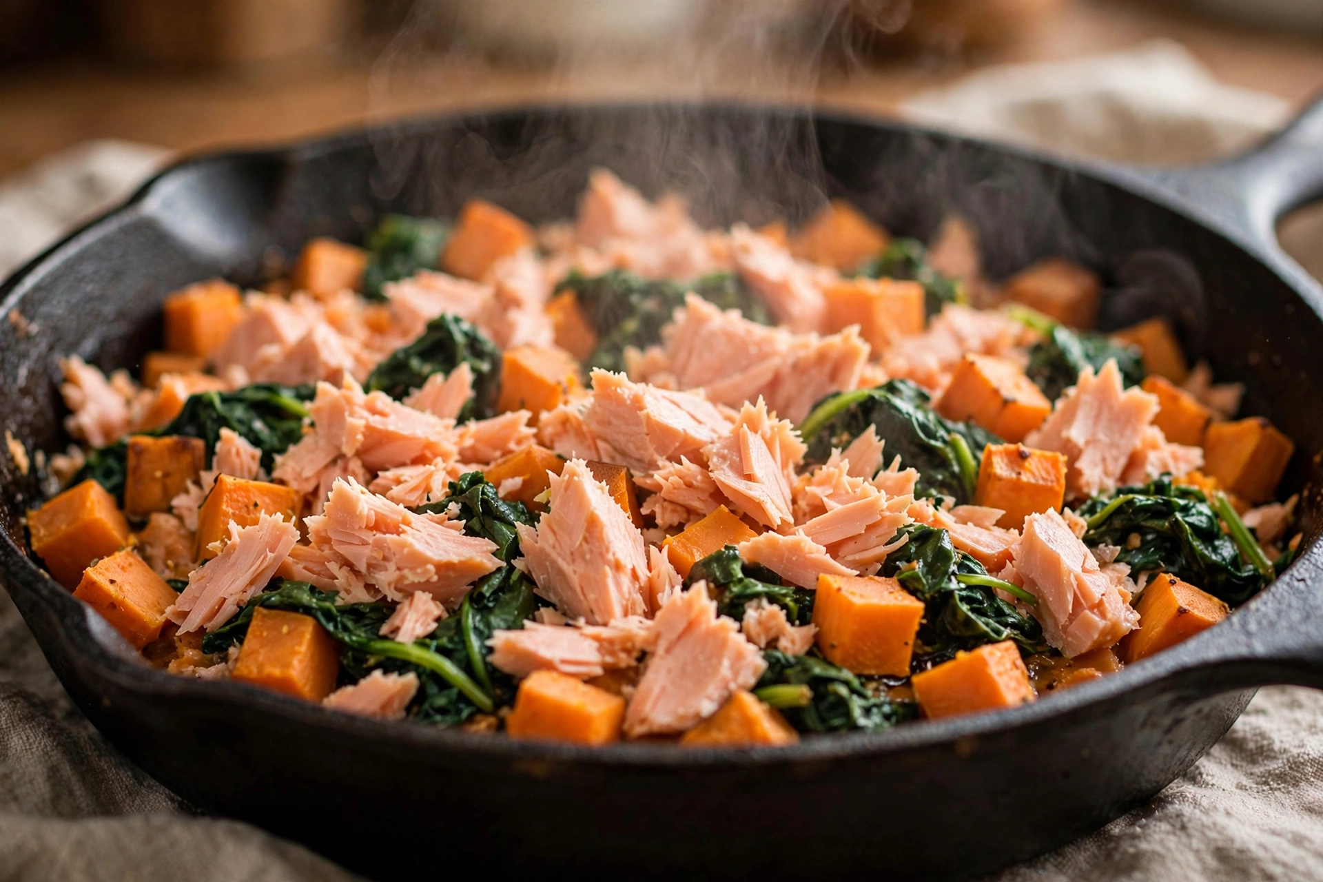 Salmon sweet potato and spinach one-pot skillet meal for dogs