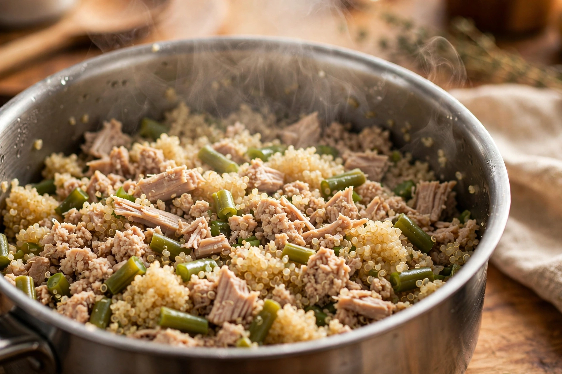 Turkey quinoa and green bean one-pot skillet meal for dogs