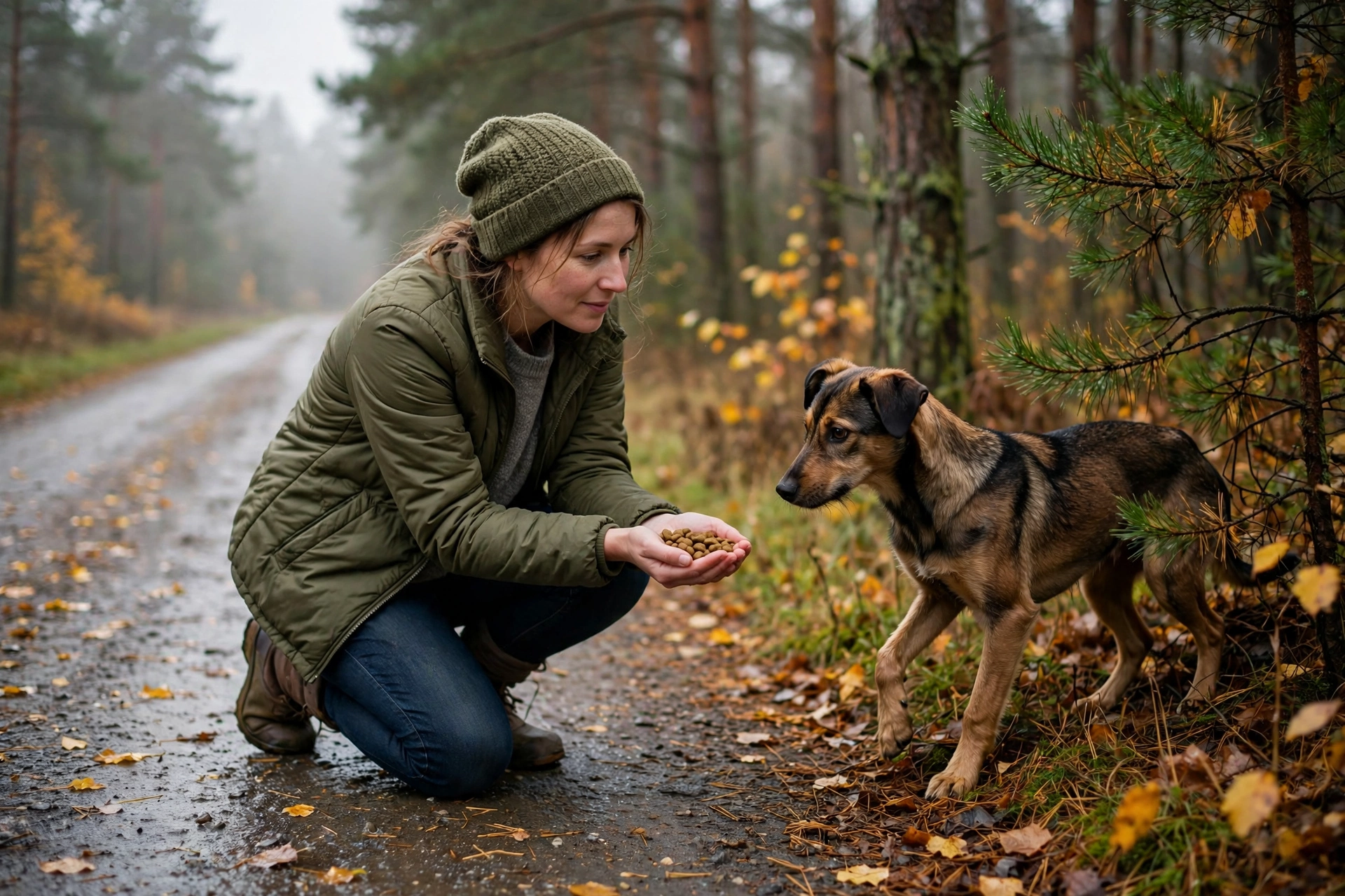 Woman kneeling on a country road offering food to a wary thin dog at the edge of the woods