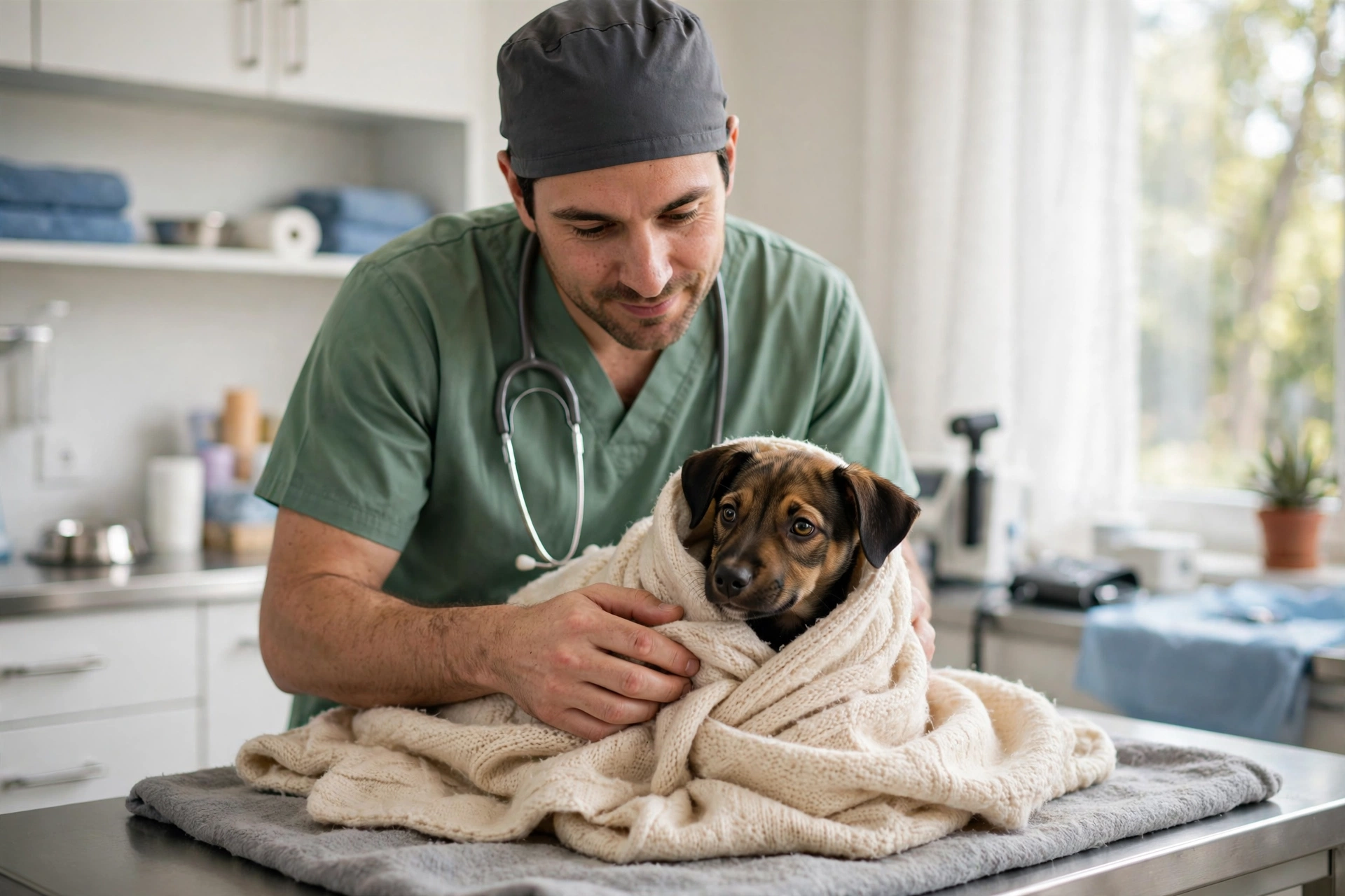 Veterinarian warming a thin rescued dog wrapped in blankets on an exam table