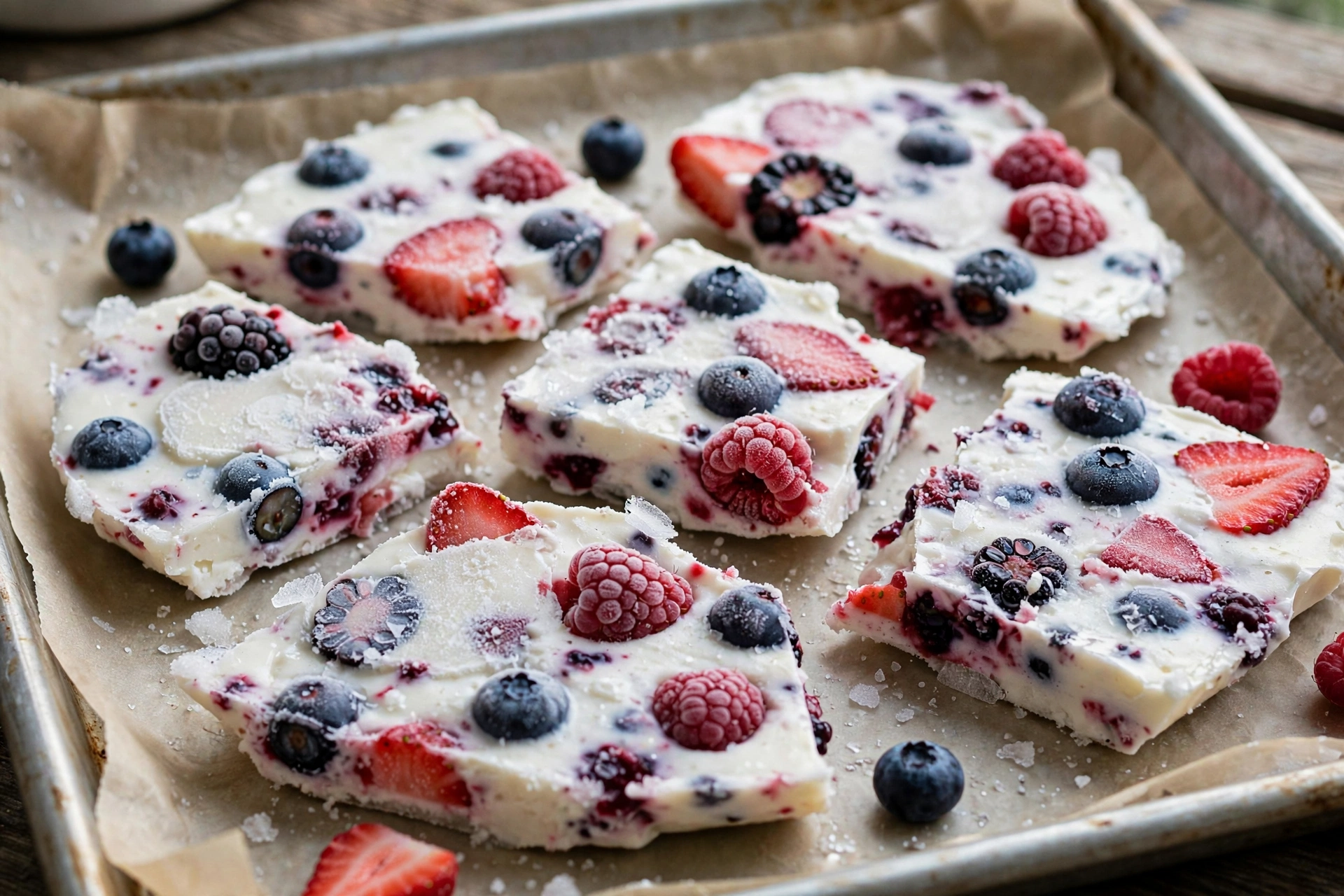 Frozen yogurt berry bark broken into pieces for dogs