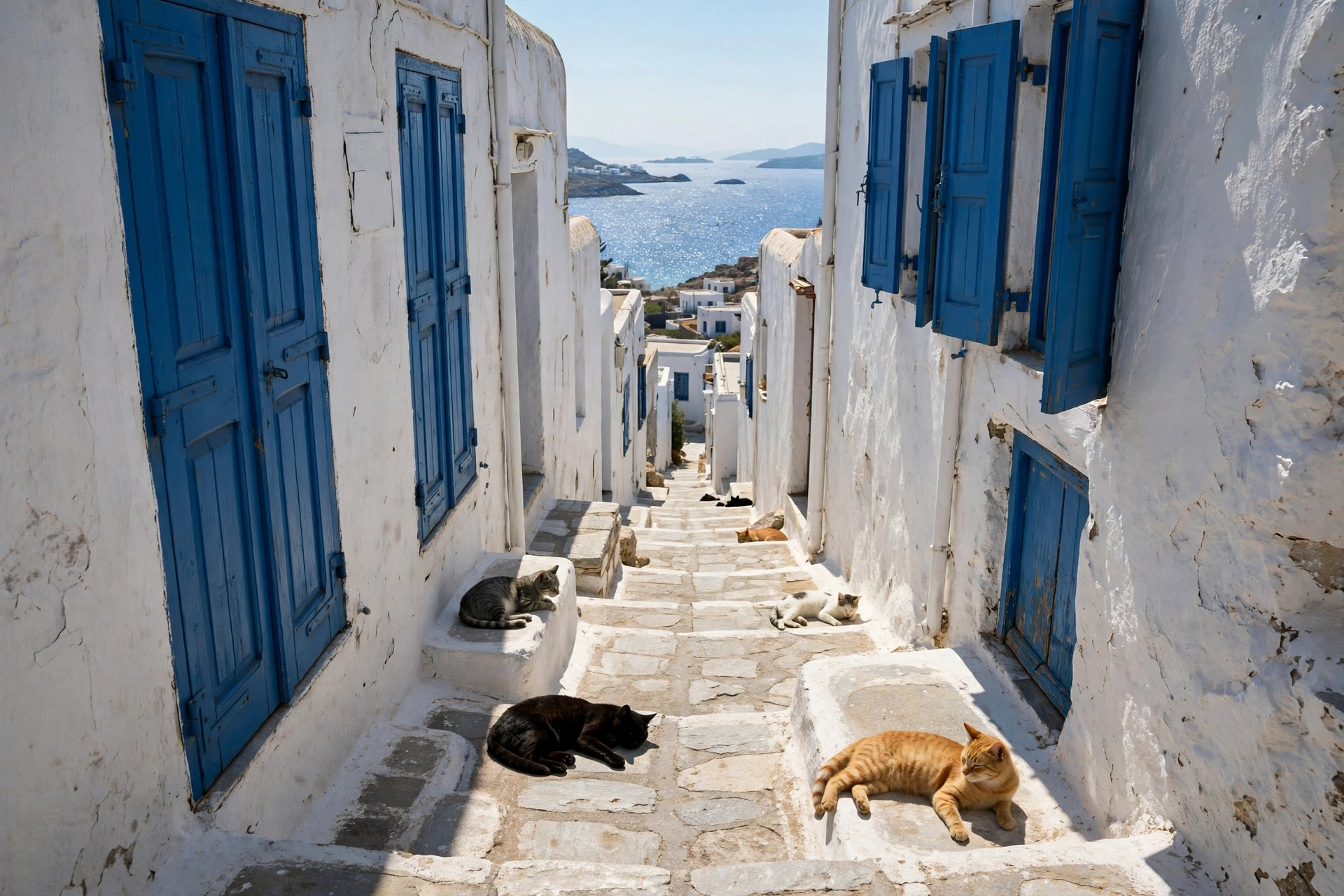Stray cats lounging on stone steps in a whitewashed alley on the Greek island of Syros