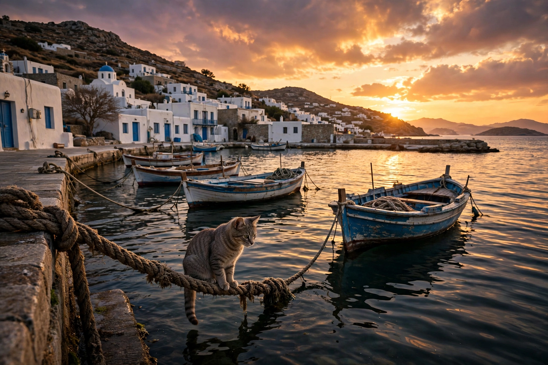 Cat perched on a mooring rope watching the sunset over a Greek island harbor