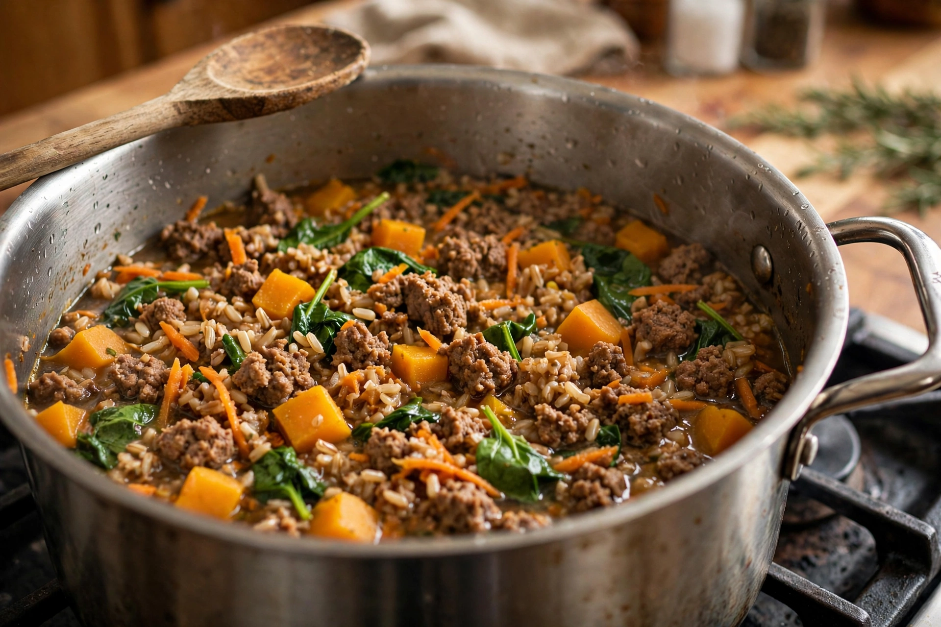 Homemade ground venison dog food simmering in a large stockpot with butternut squash, carrots, spinach, and brown rice