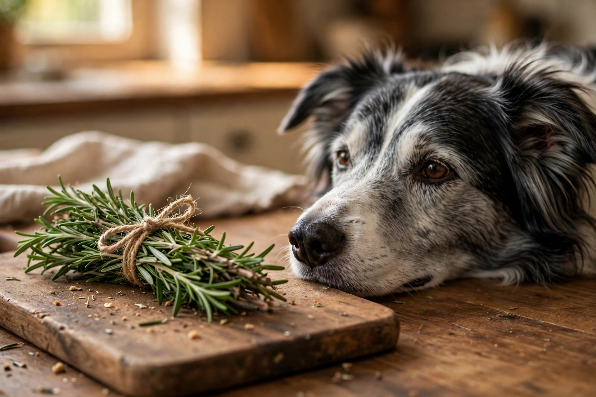 Fresh rosemary sprigs on a cutting board with a senior dog resting nearby
