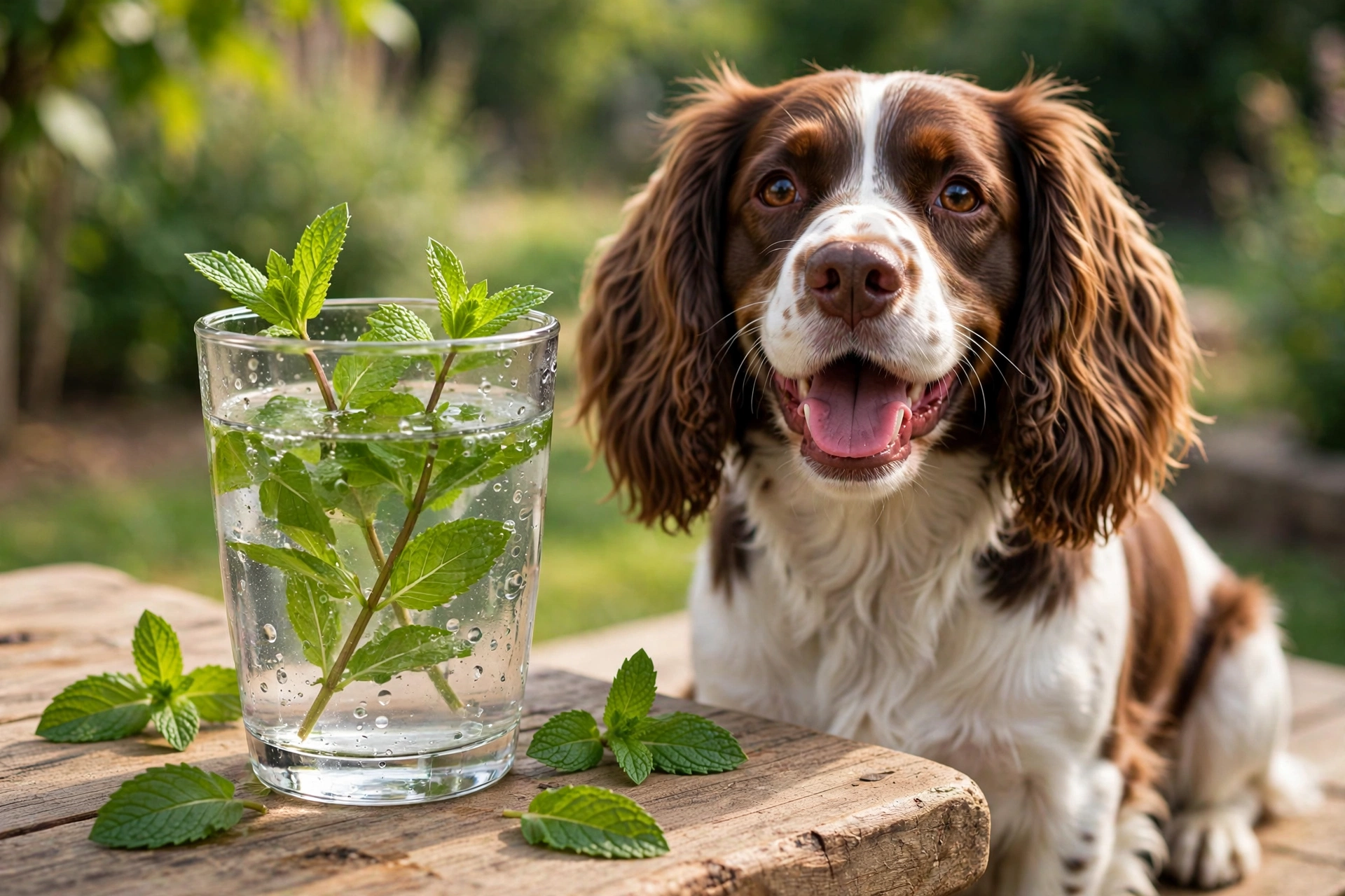 Fresh mint leaves in a glass of cool water with a dog beside it