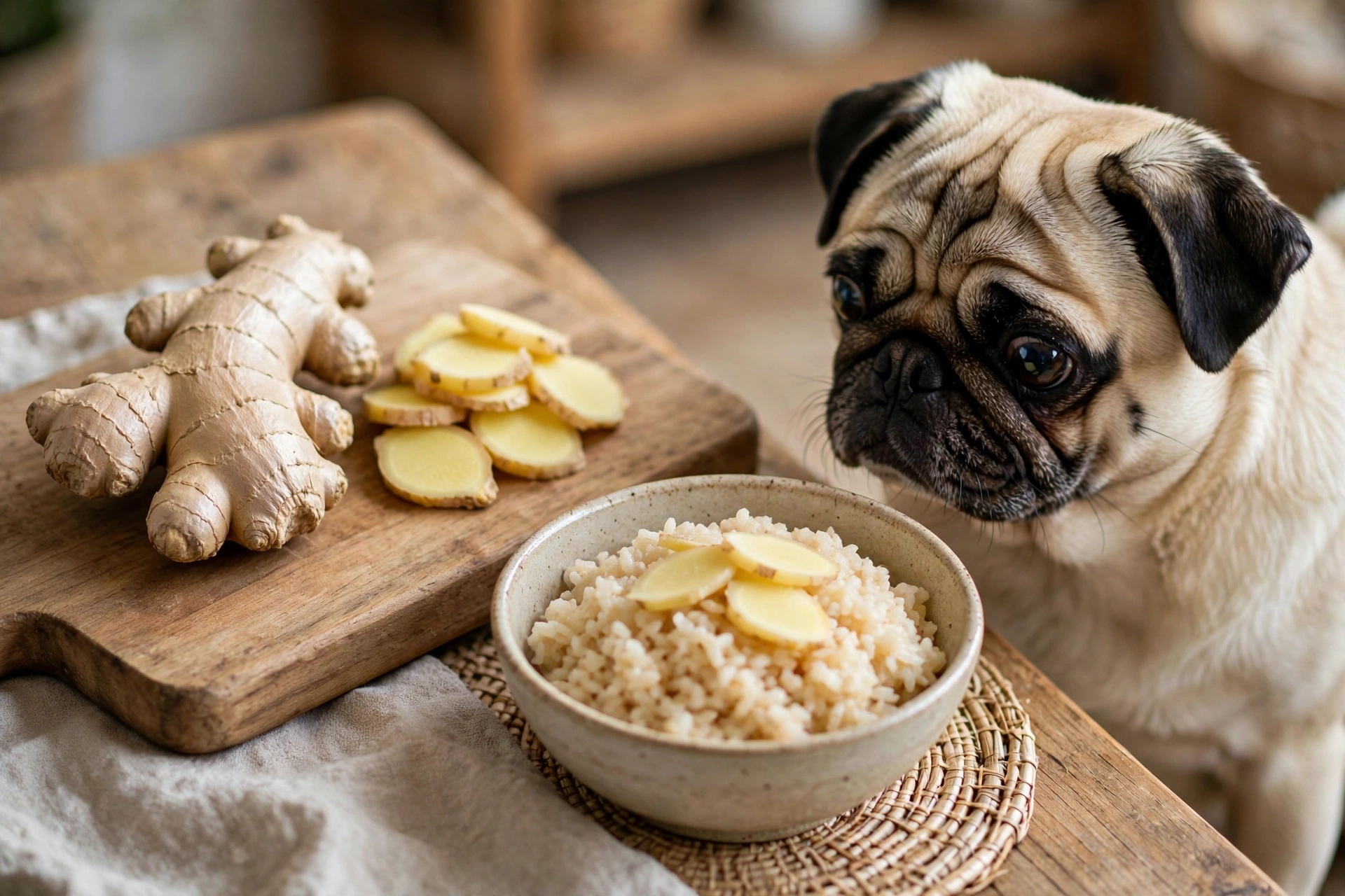 Fresh ginger root and sliced ginger beside a bowl of dog food