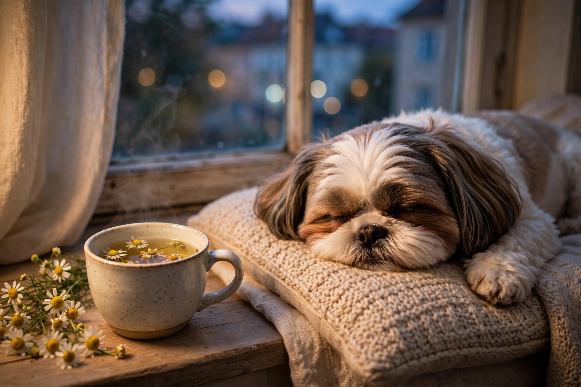 A cup of chamomile tea with flowers cooling on a windowsill near a resting dog