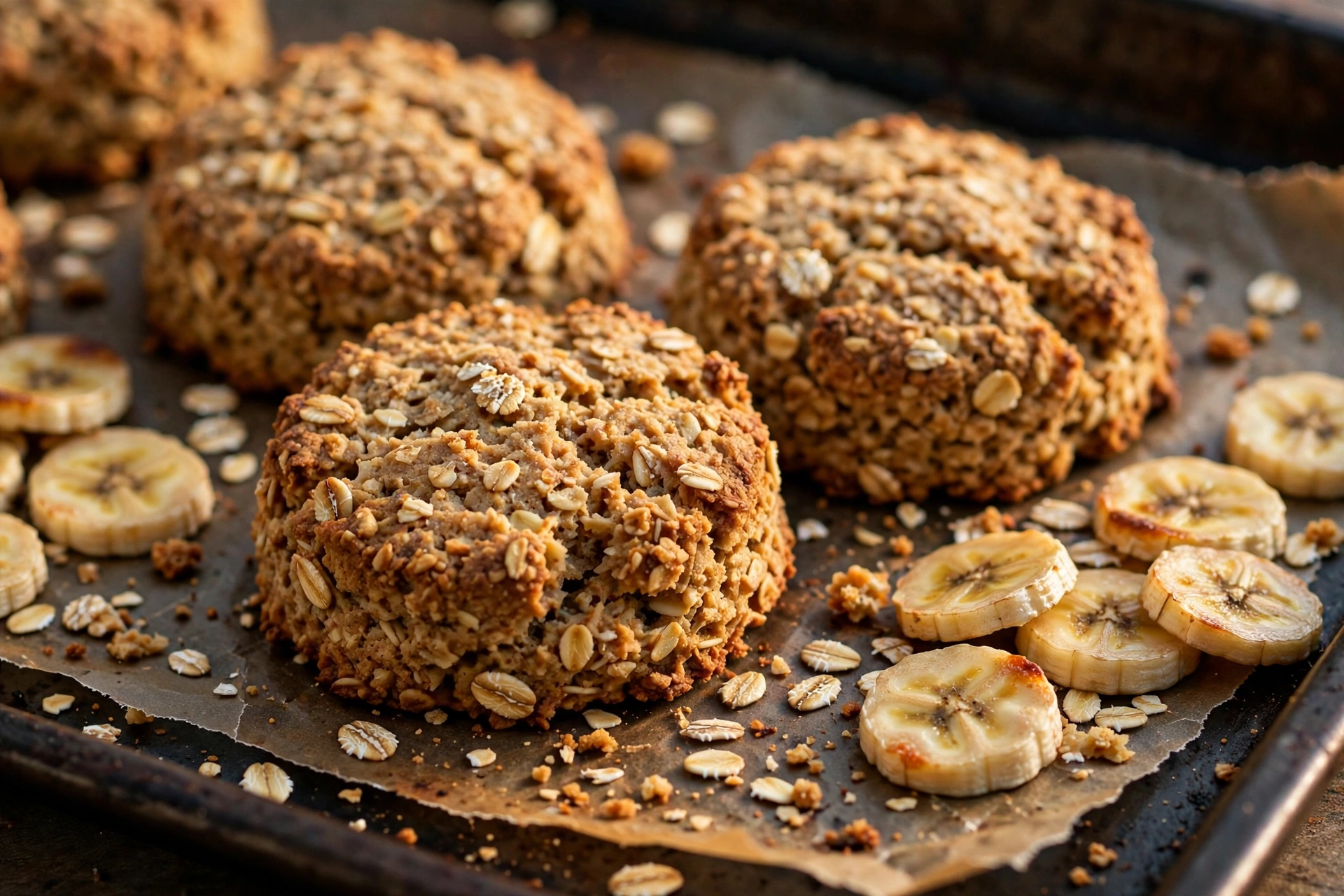 Freshly baked homemade peanut butter banana oat dog biscuits cooling on a baking sheet
