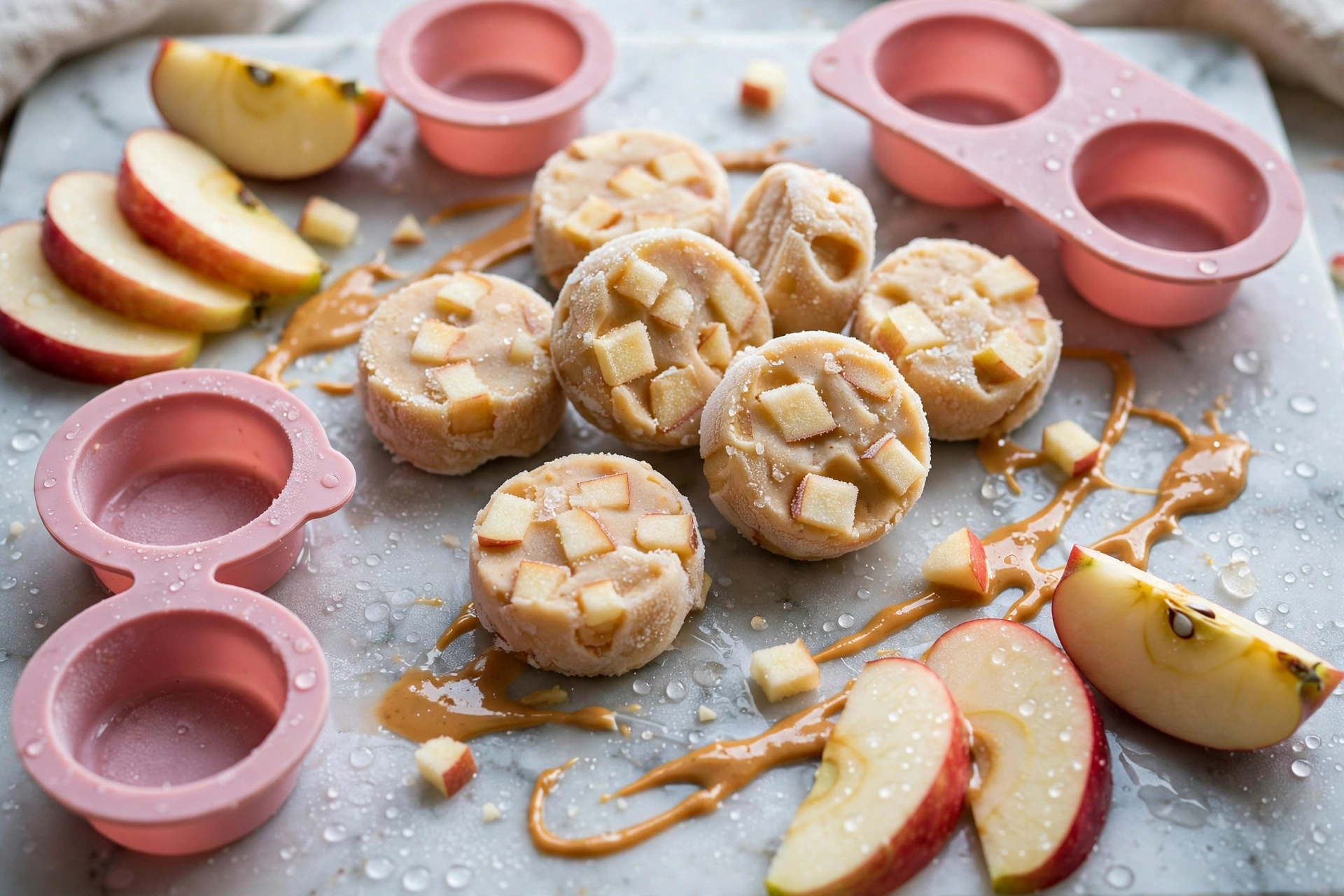 Frozen apple peanut butter dog treats popped out of silicone molds on a chilled marble slab with fresh apple slices