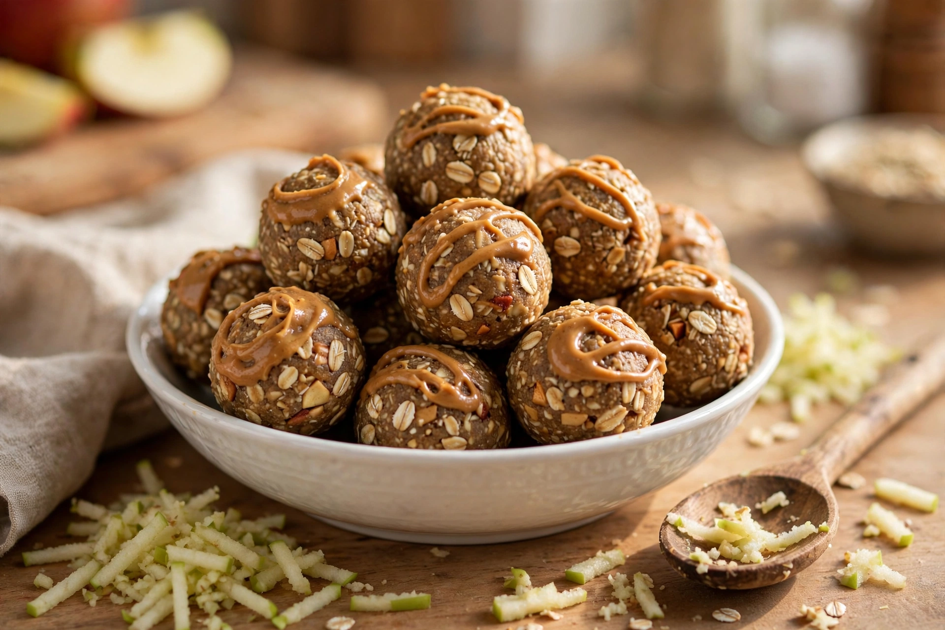 No-bake apple peanut butter oat balls in a ceramic bowl with grated apple and a wooden spoon