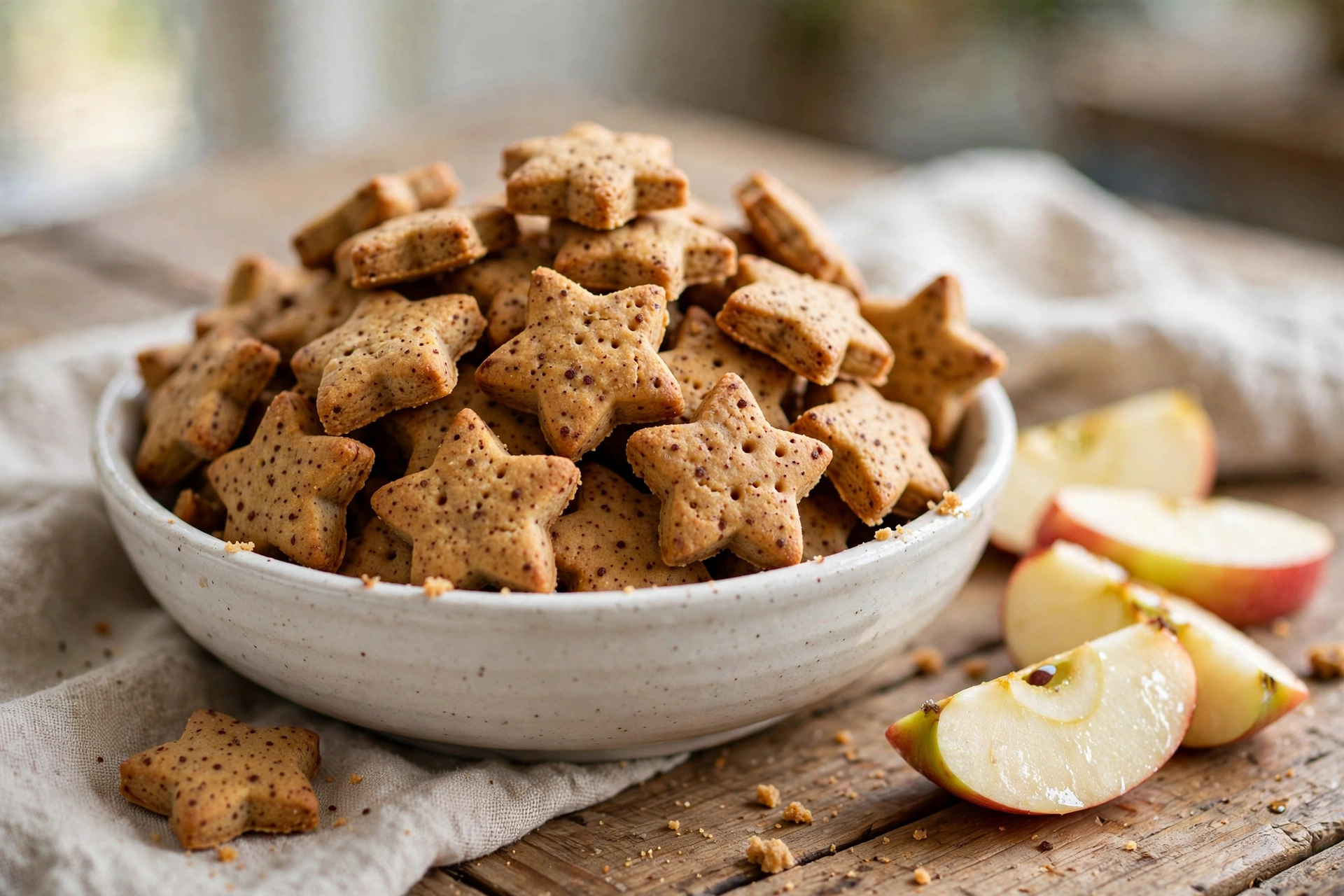 Star-shaped apple cinnamon homemade baby food dog treats piled in a bowl