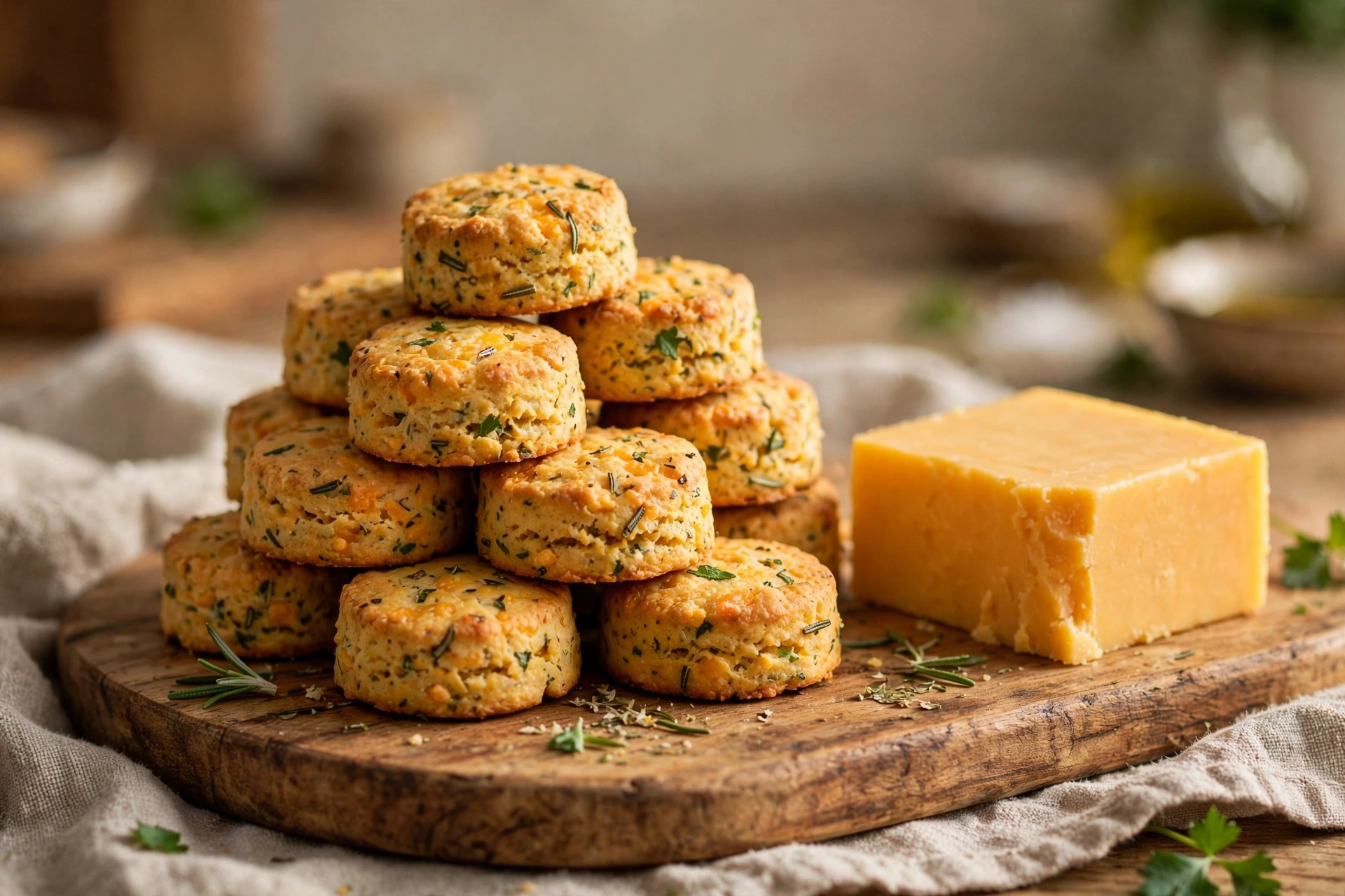 Golden cheddar cheese and herb homemade dog biscuits on a wooden board