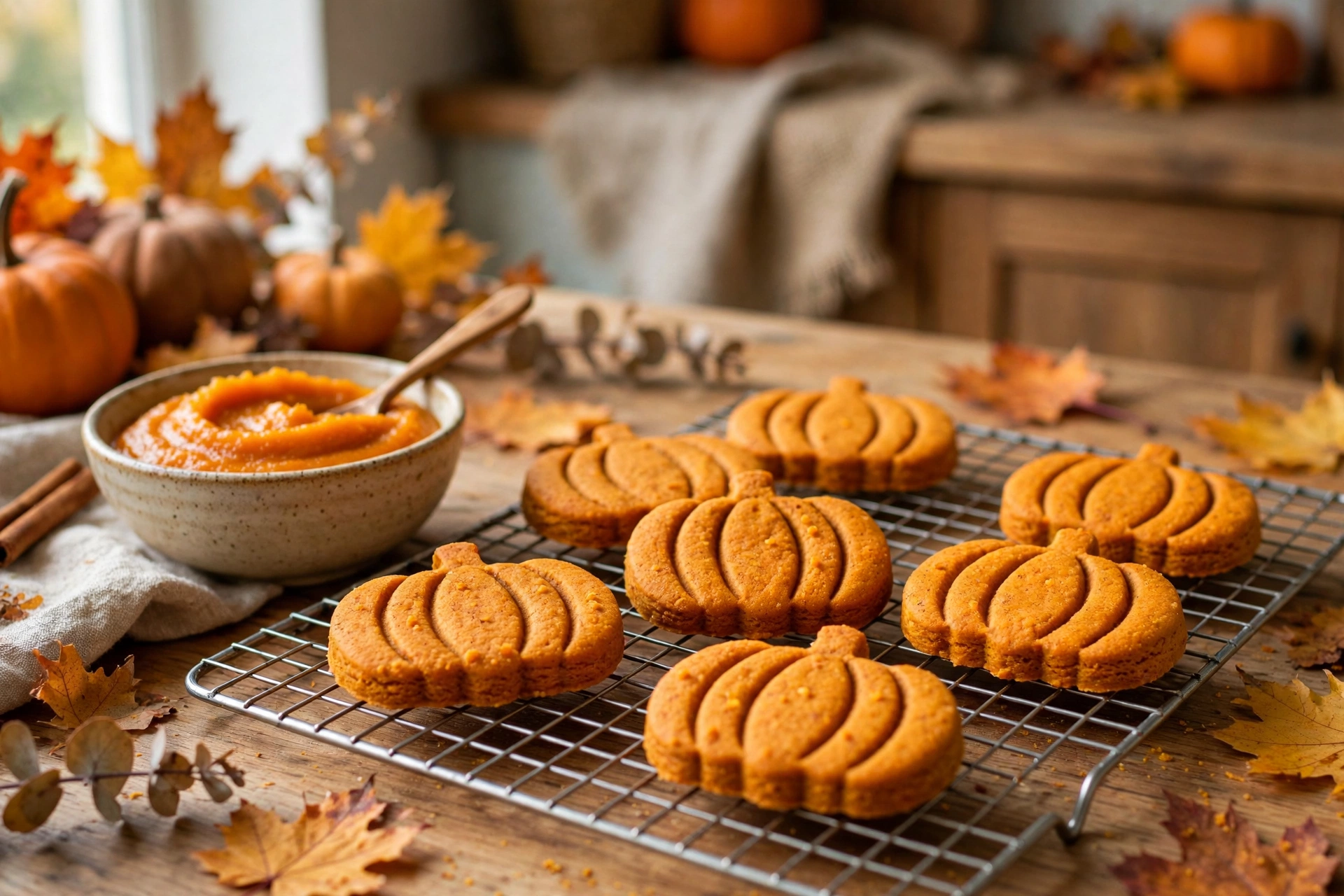 Pumpkin-shaped homemade pumpkin spice dog biscuits on a cooling rack