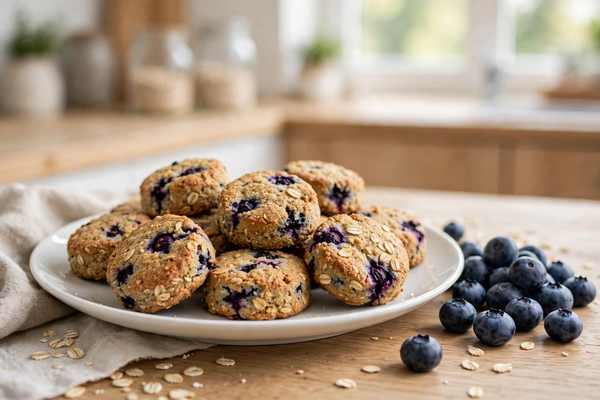 Homemade blueberry oat dog biscuits with visible blueberry bits on a plate