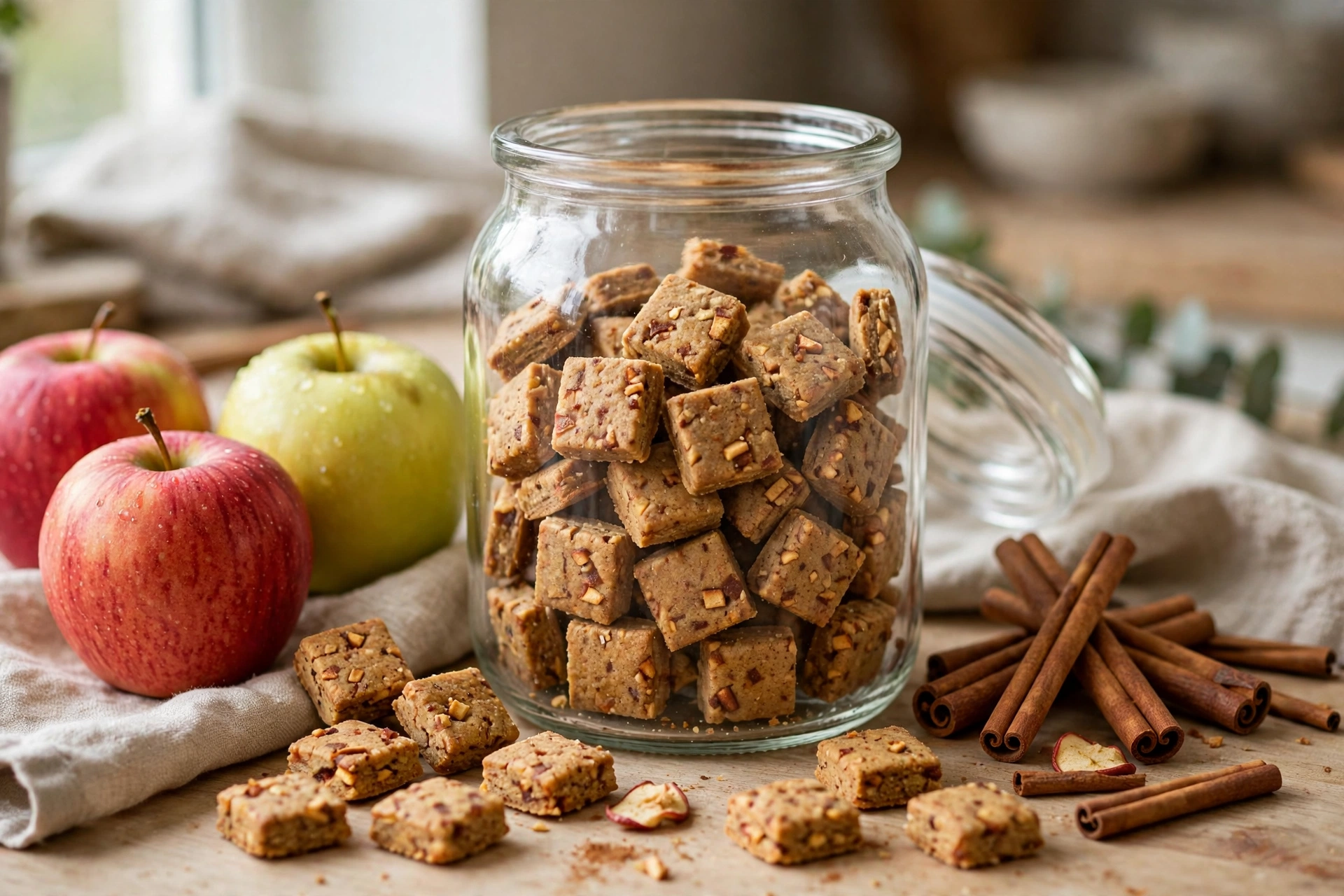 Small apple cinnamon homemade dog training biscuits in a glass jar
