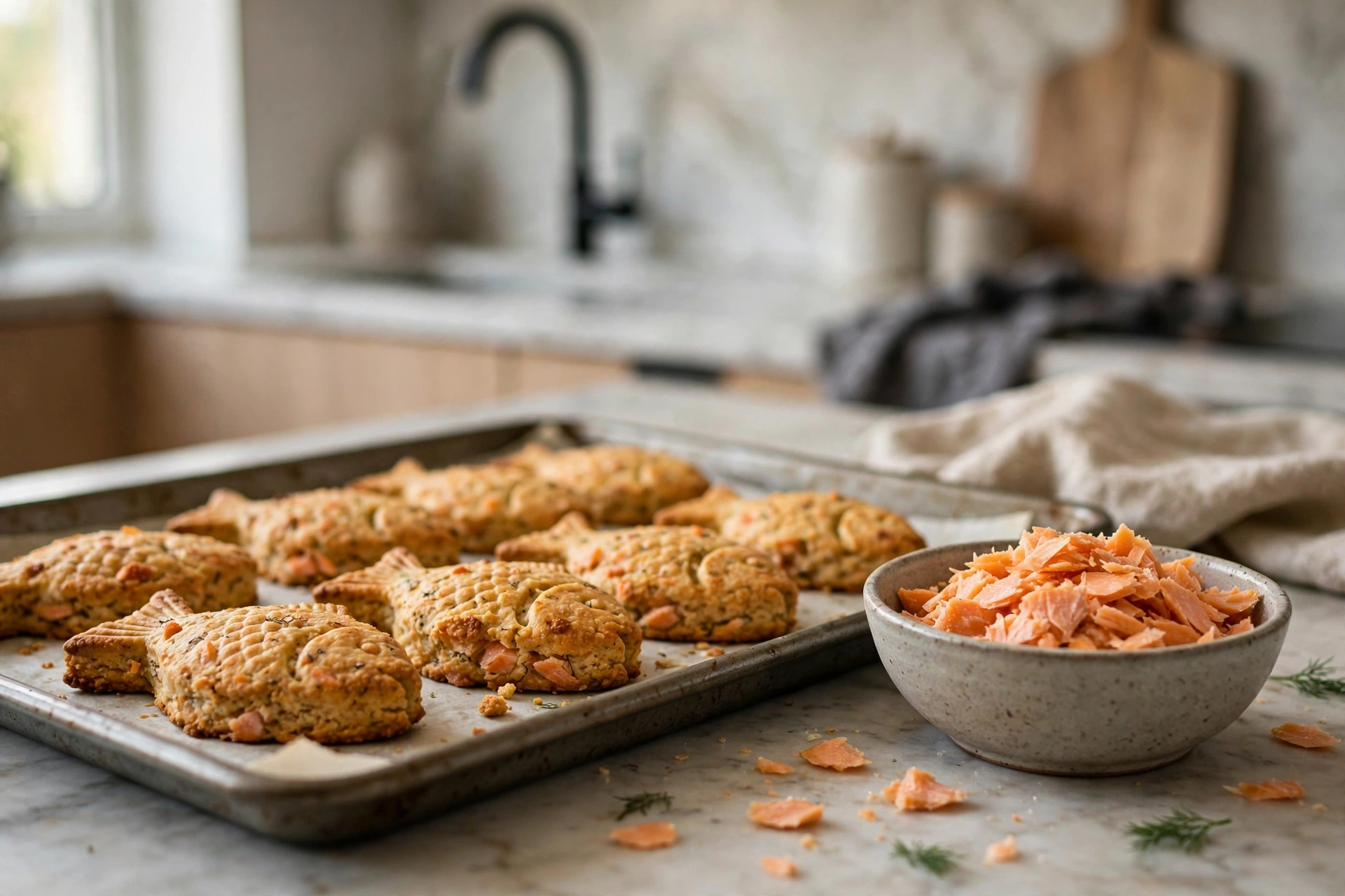 Fish-shaped homemade salmon and sweet potato dog biscuits on a baking tray