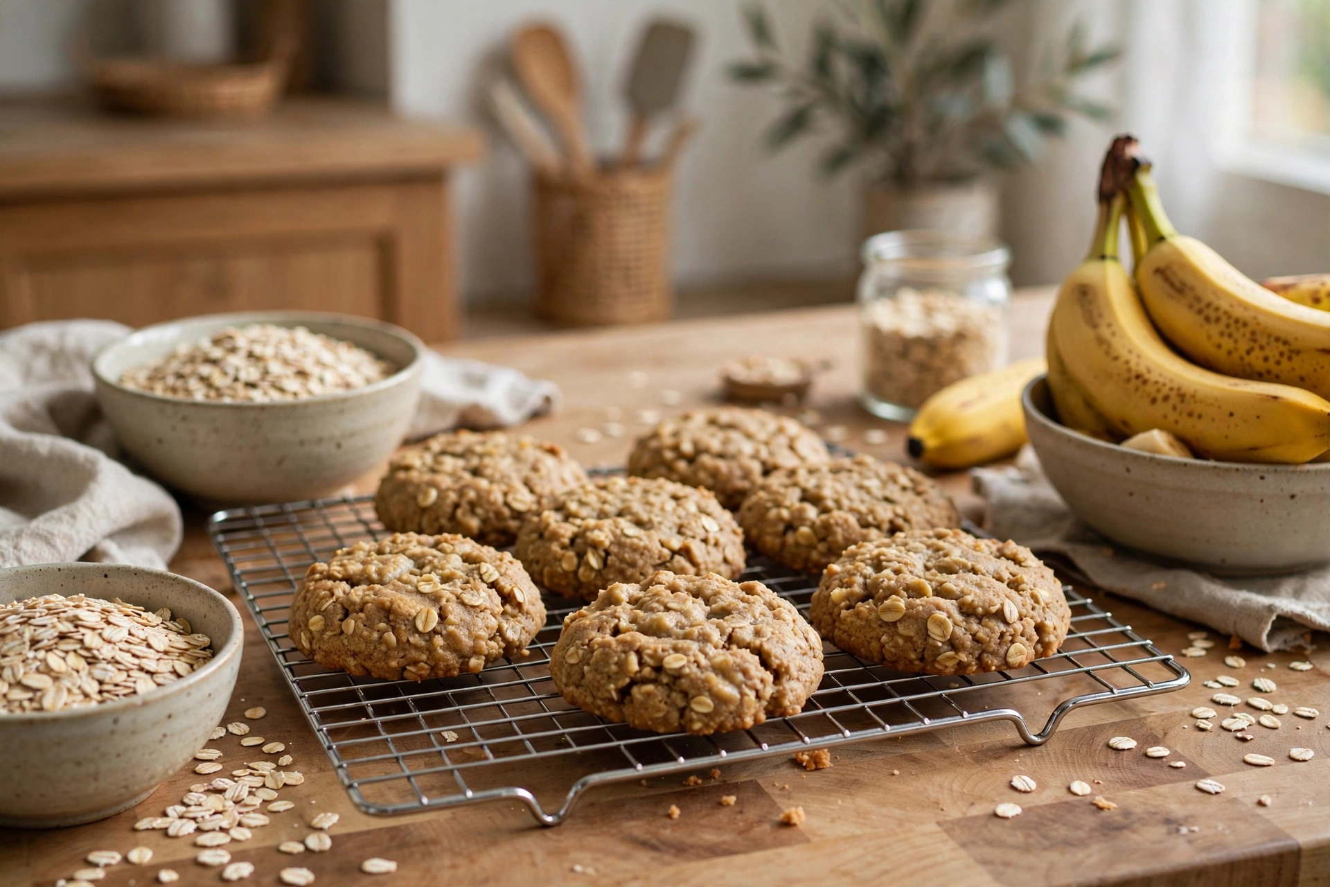 Soft banana oat homemade dog cookies on a cooling rack