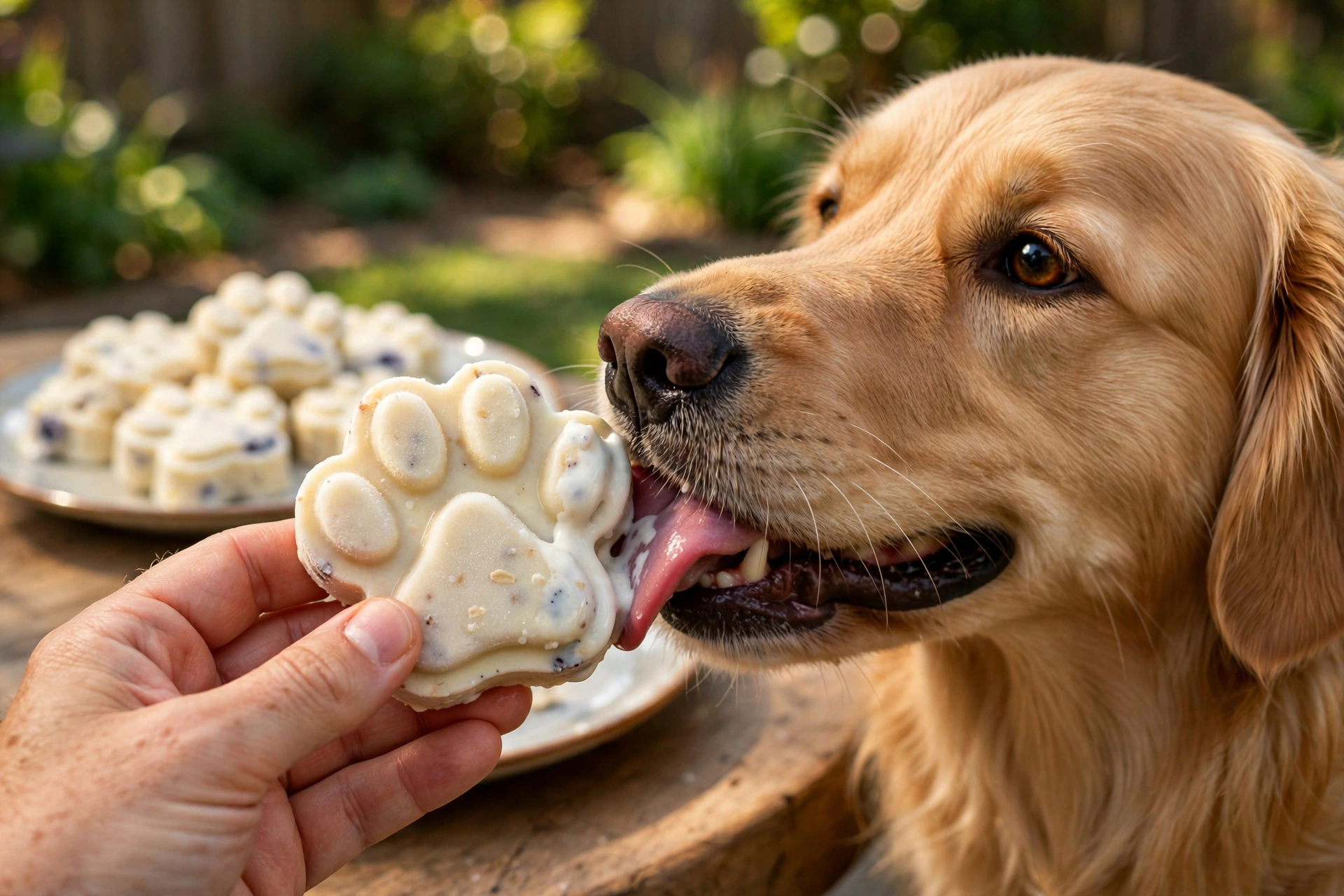 Dog enjoying a homemade paw-shaped frozen frosty paws treat