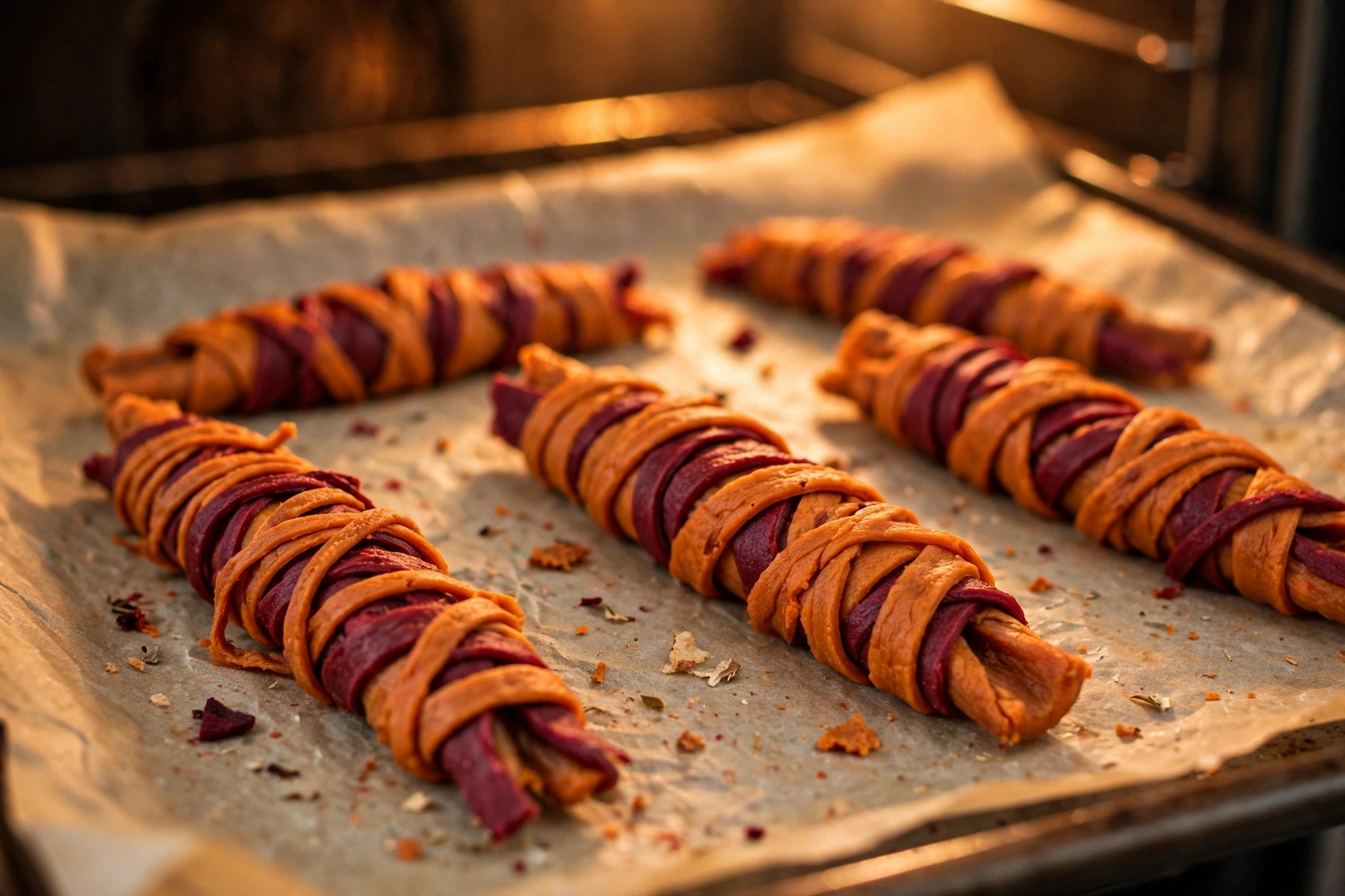 Chewy sweet potato and beet mummy-wrapped dog treat strips
