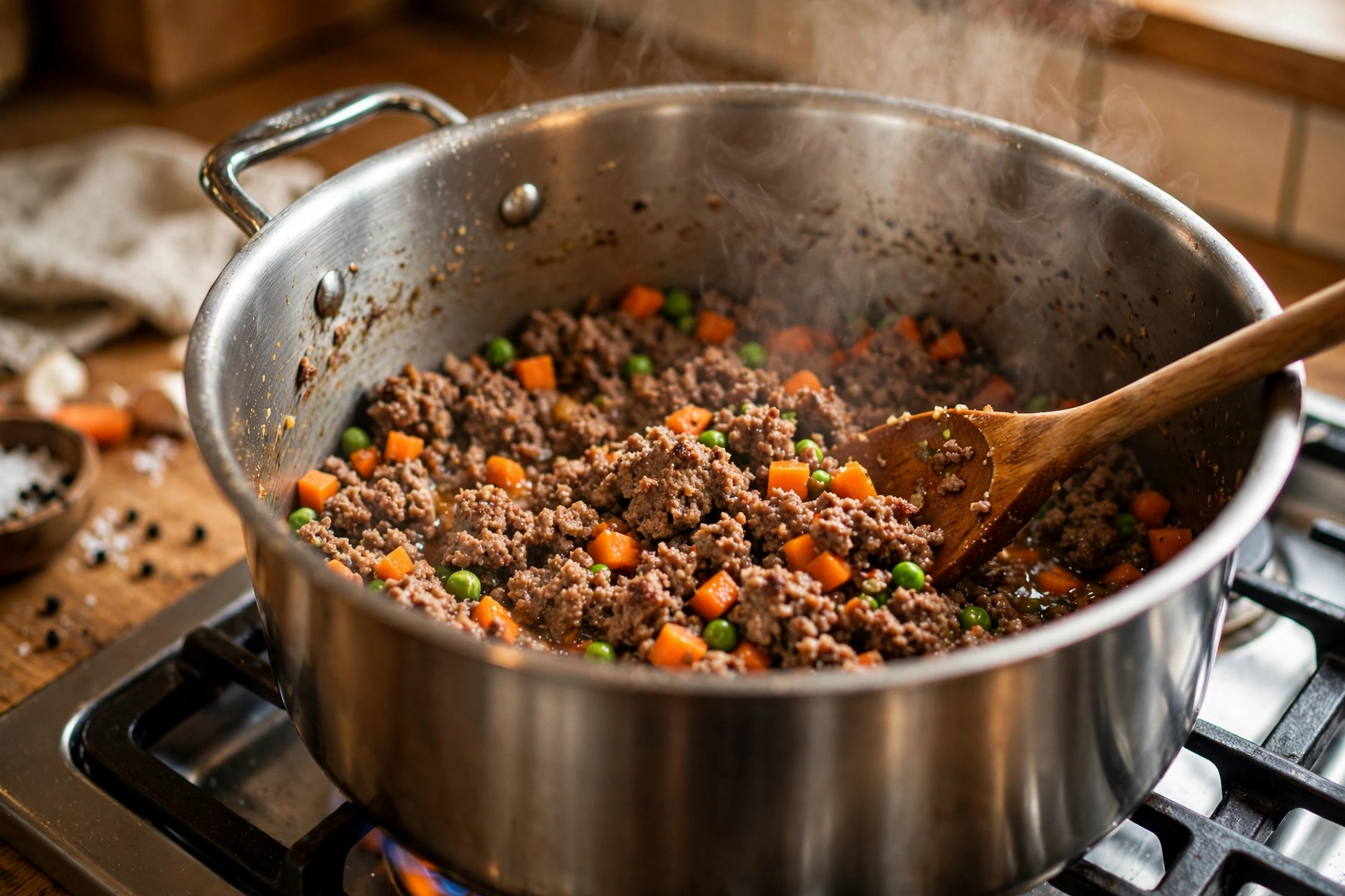 Ground lamb browning in a pot with carrots and peas for a homemade dog food recipe
