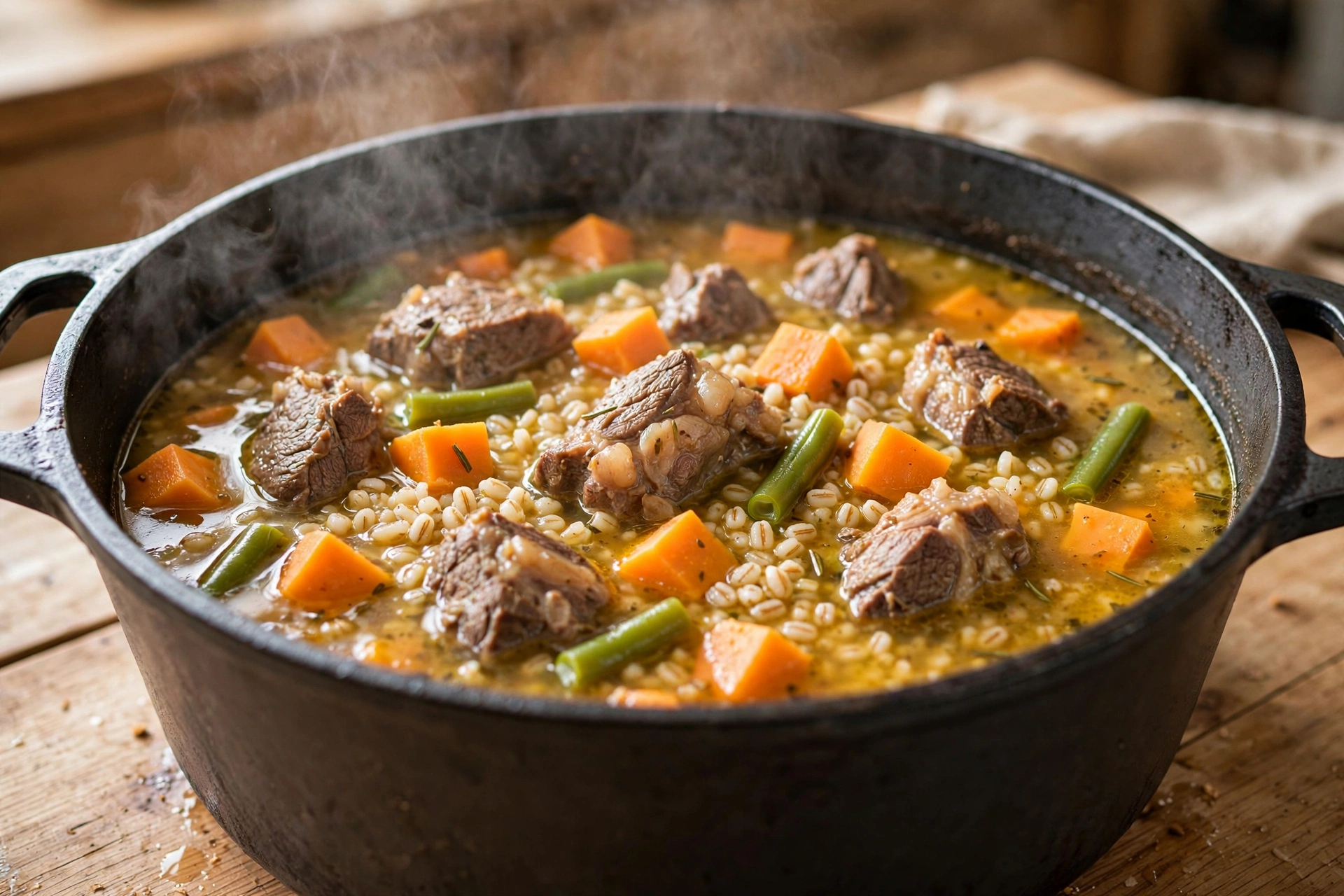 Slow-simmered lamb stew with sweet potato and barley in a large pot for homemade dog food