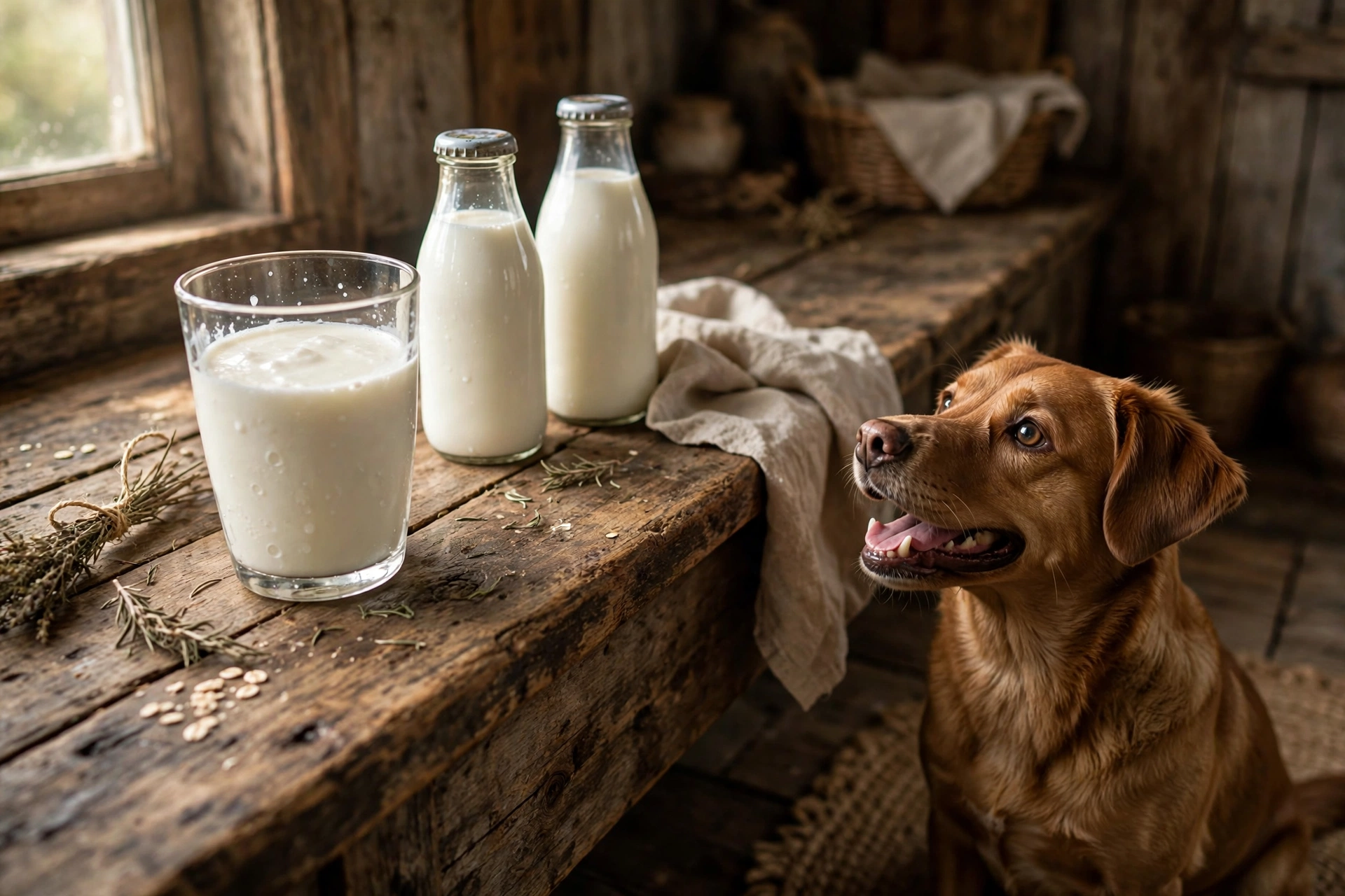 Glass of plain kefir with milk bottles on a kitchen counter next to a happy dog