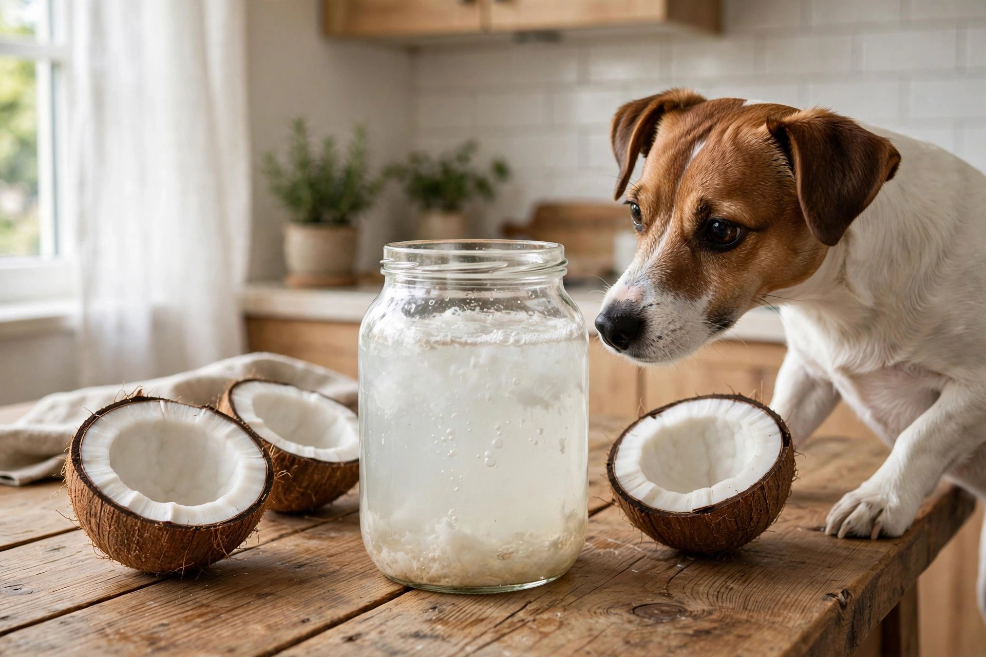 Glass jar of fermented coconut water with coconut halves on a wooden table