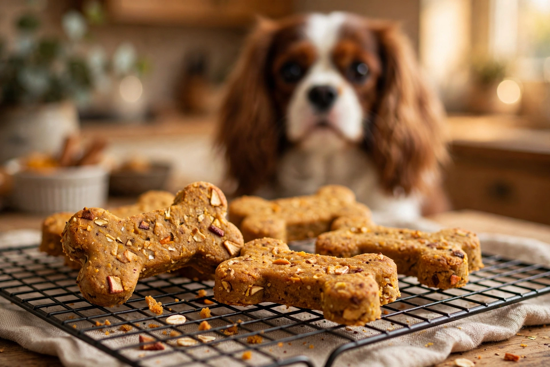 Freshly baked bone-shaped pumpkin applesauce dog treats cooling on a wire rack