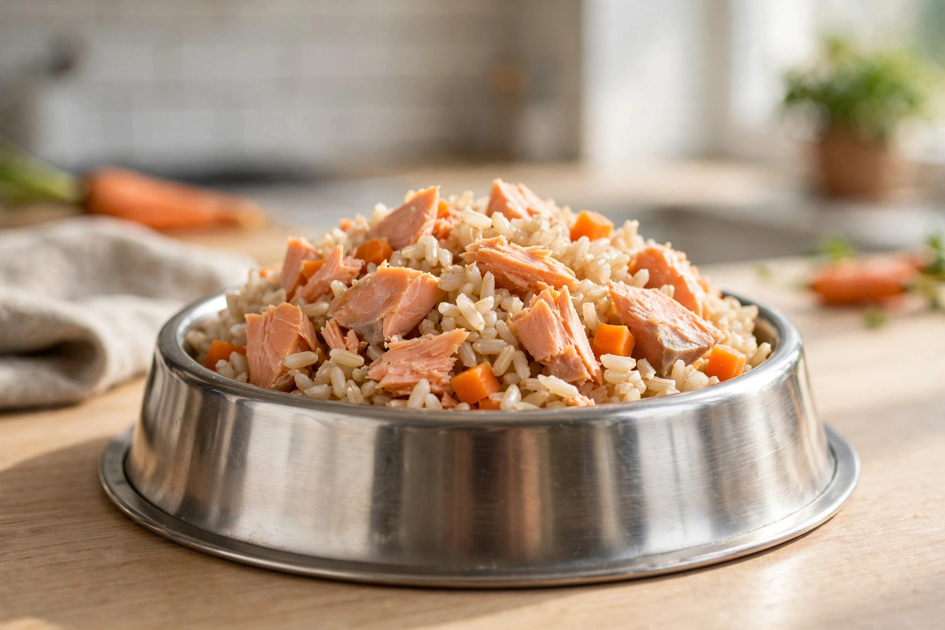 Homemade salmon and brown rice dog food bowl with carrots