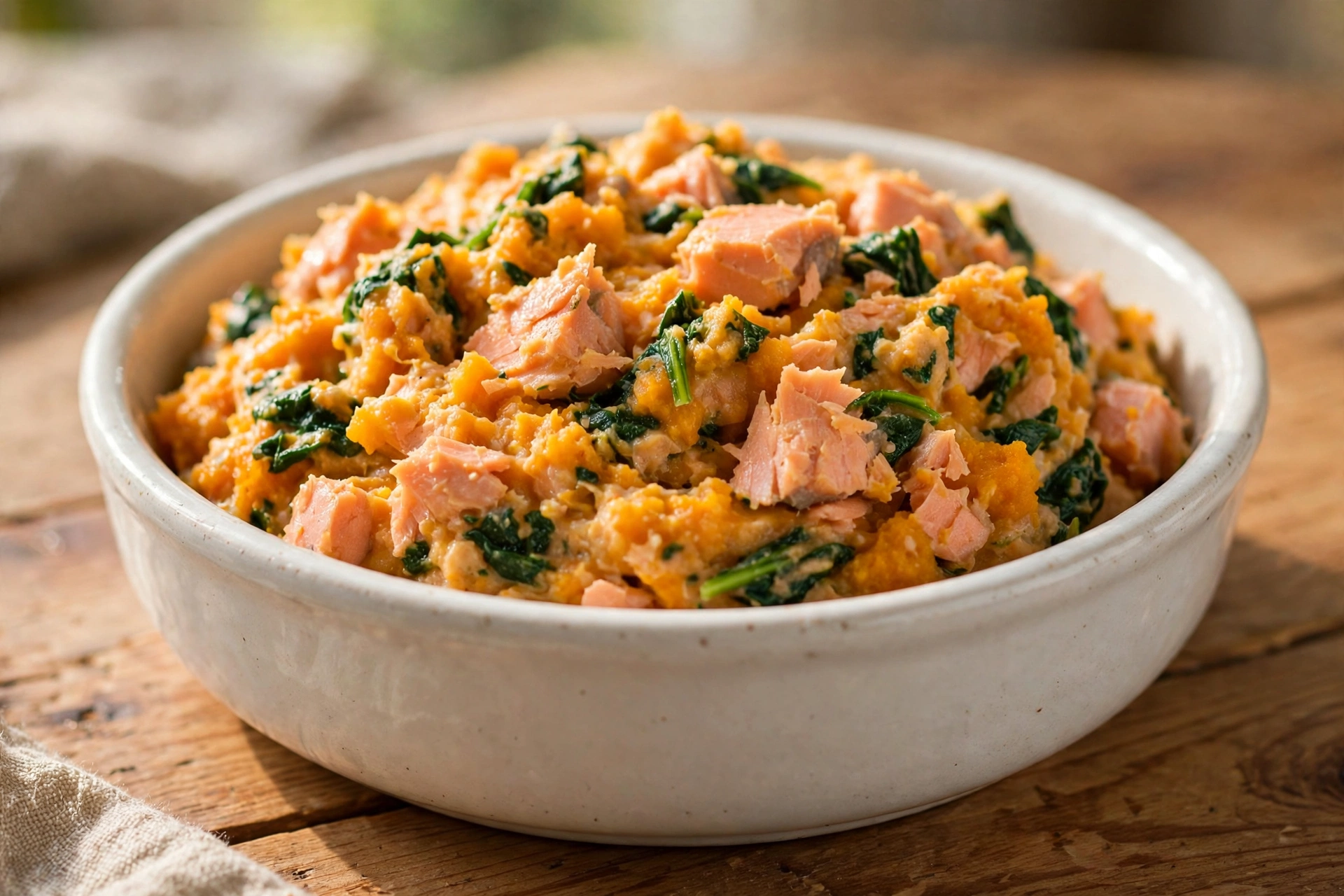Salmon pumpkin mash homemade dog food with spinach