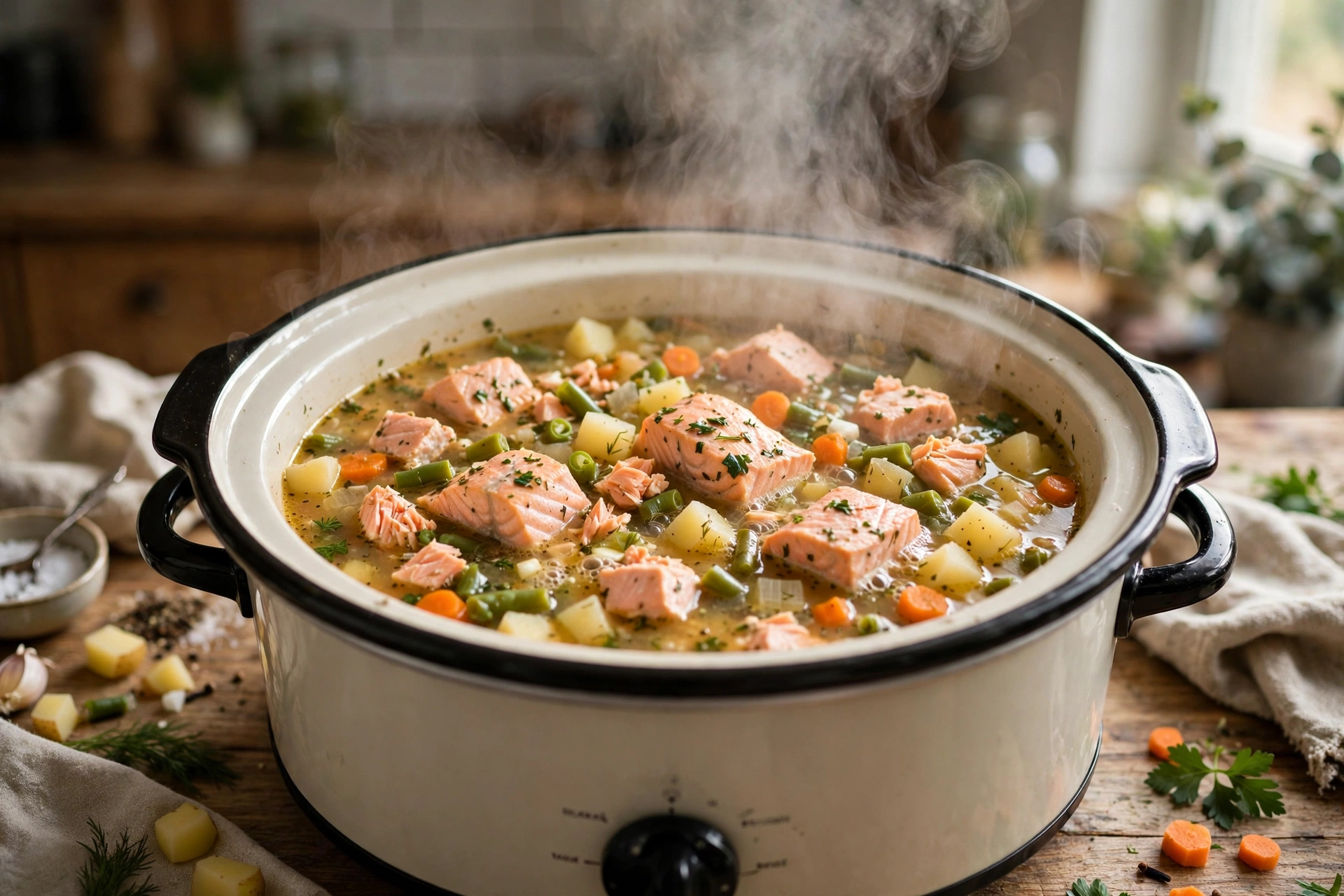 Salmon and vegetable stew cooking in a slow cooker for dogs
