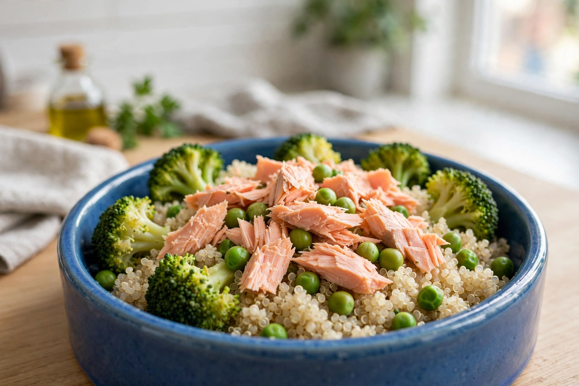 Salmon quinoa power bowl with broccoli and peas for dogs