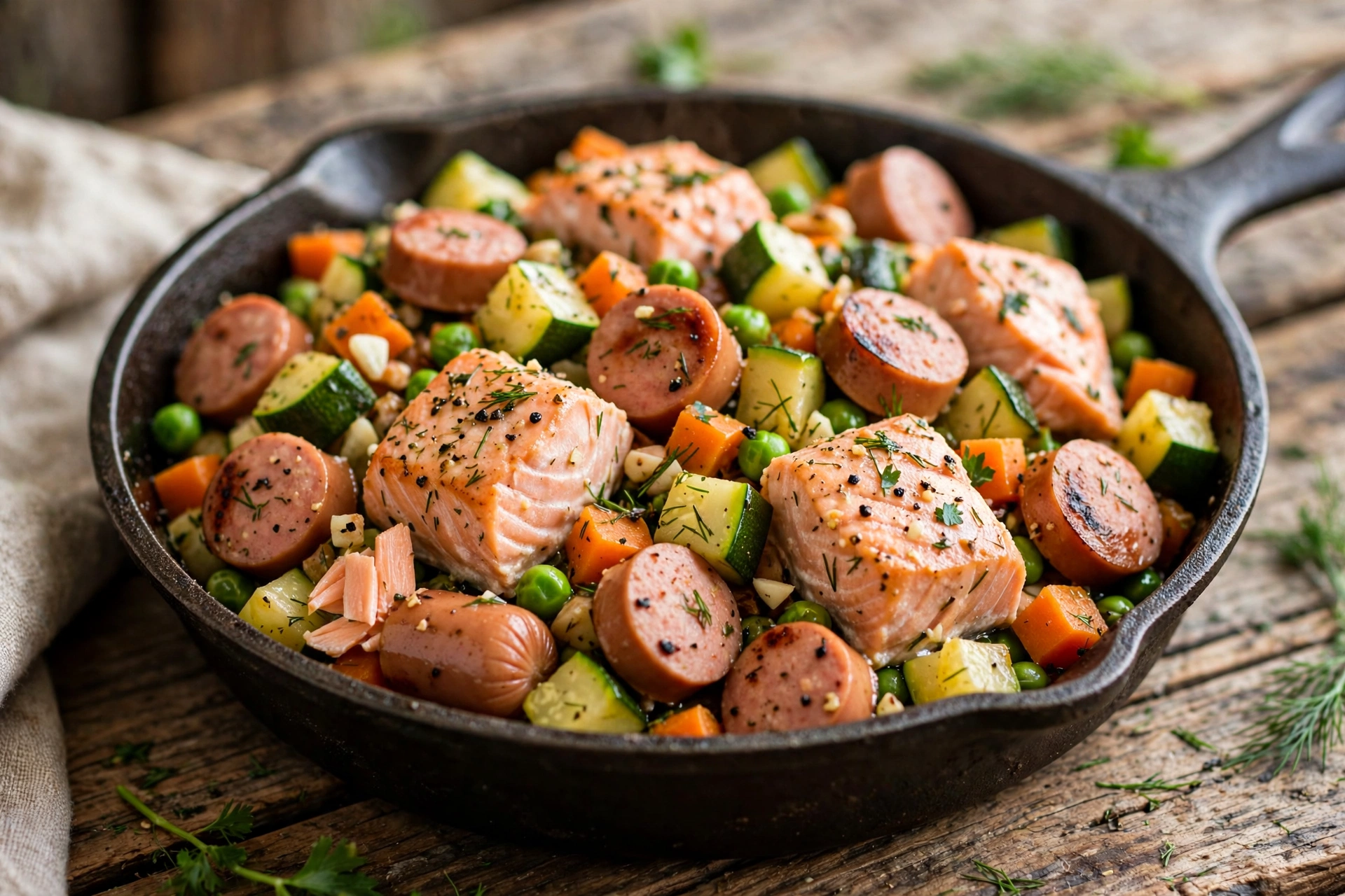 Salmon and vegetable skillet dinner cooking for dogs