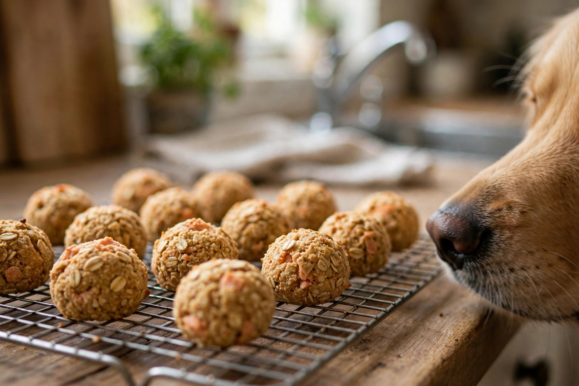 Golden salmon oatmeal training bites for dogs on a cooling rack